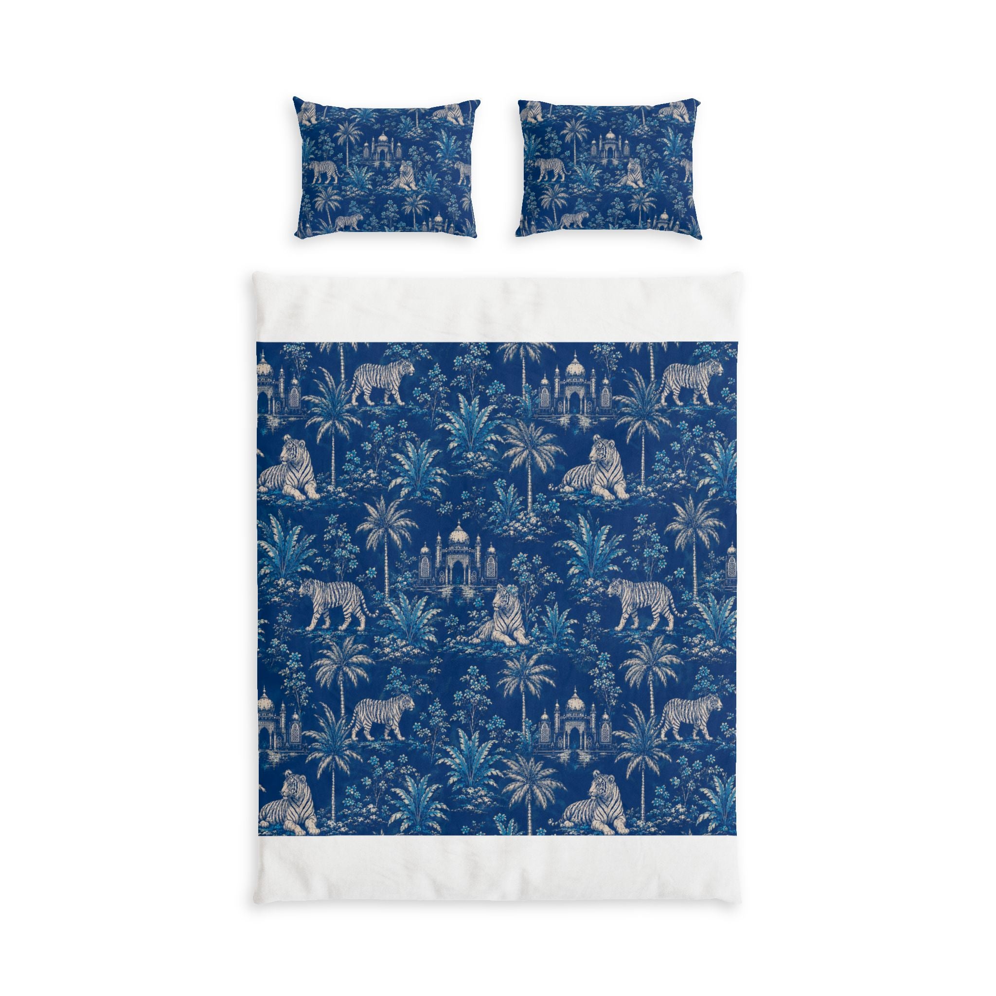 Indigo Jungle Cotton Duvet Cover Set — Tropical Palms & Tigers Bedding