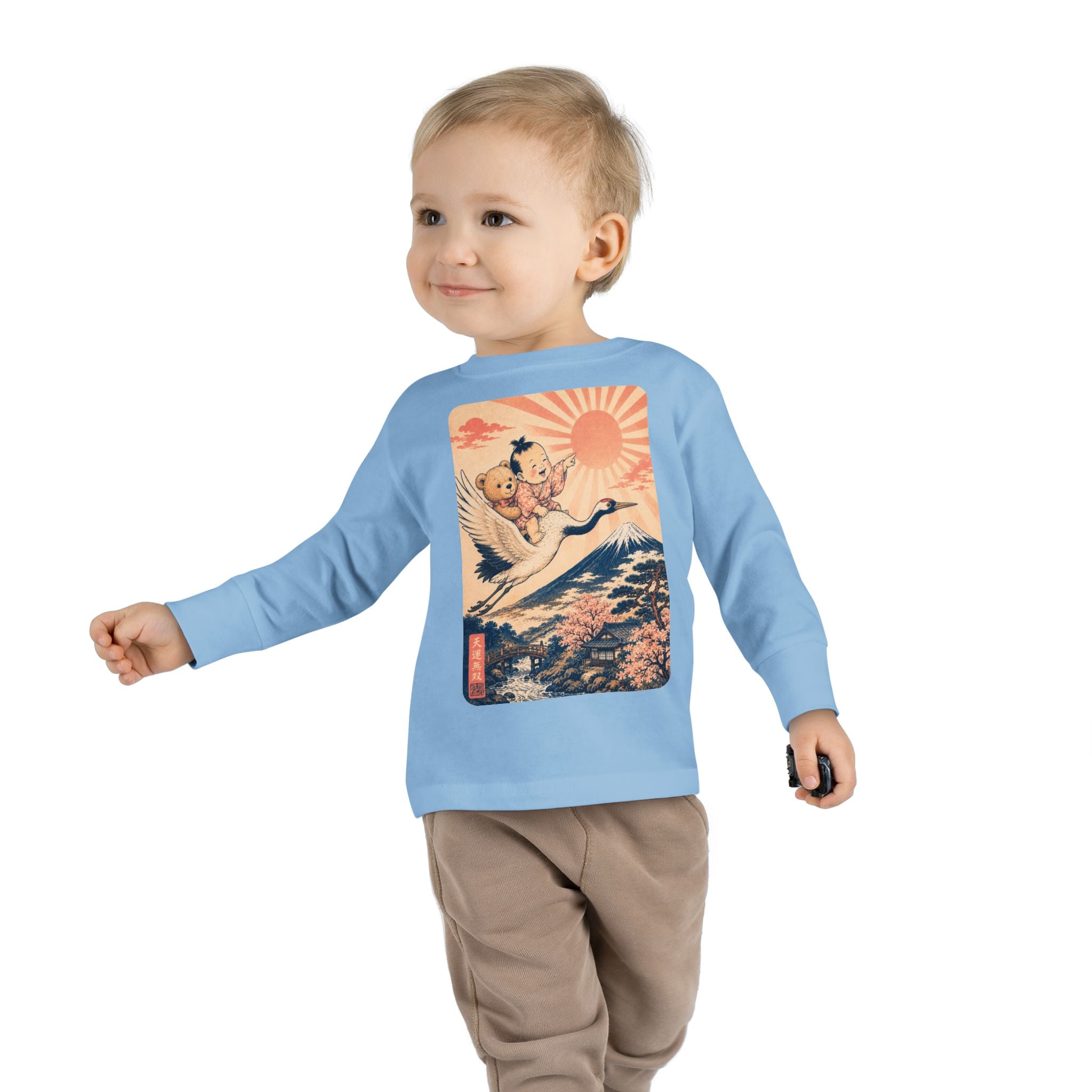 Toddler Long Sleeve Tee — Kawaii Ukiyo-e Crane Ride with Rising Sun