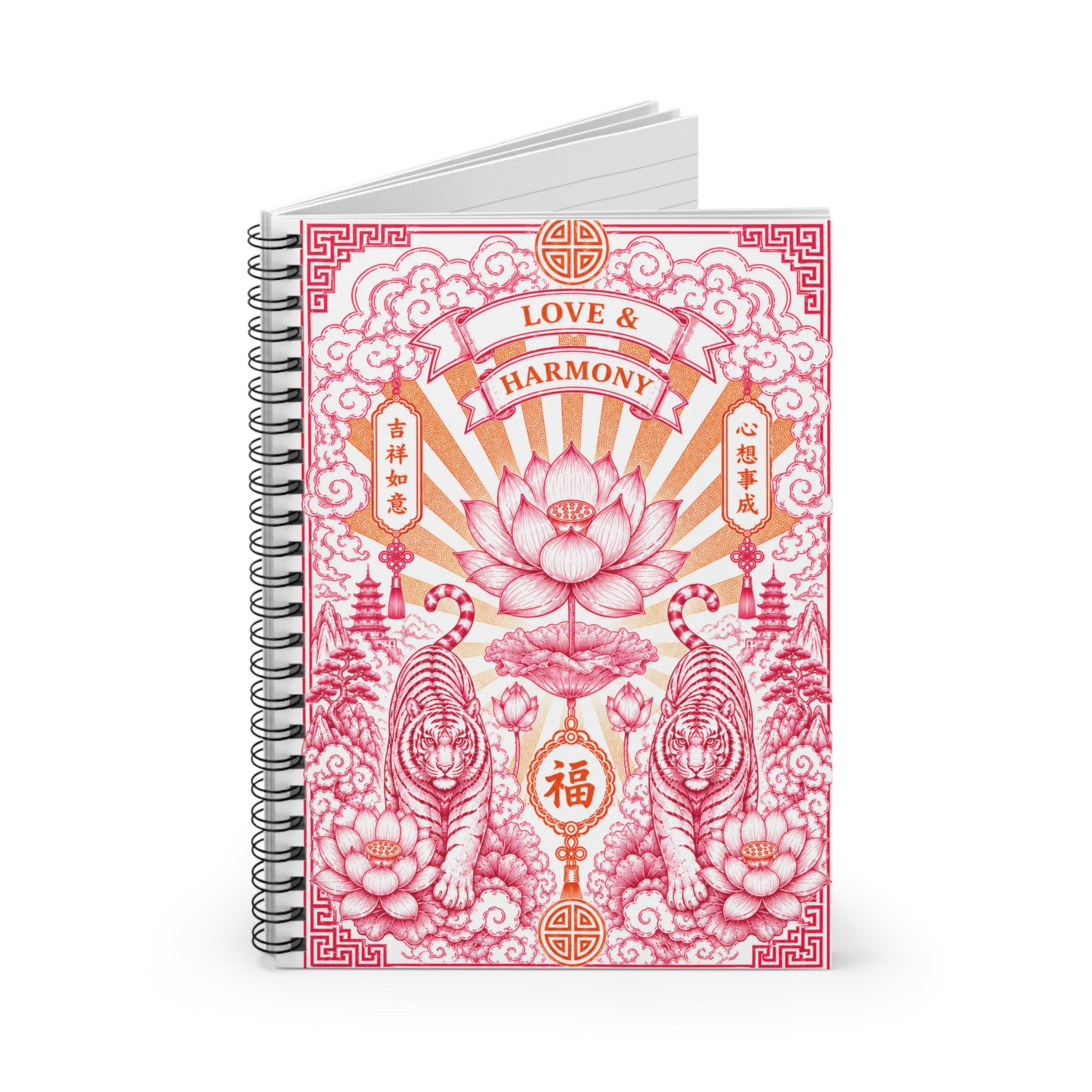 Spiral Notebook Love & Harmony  — Floral Asian Inspired Spiral Journal