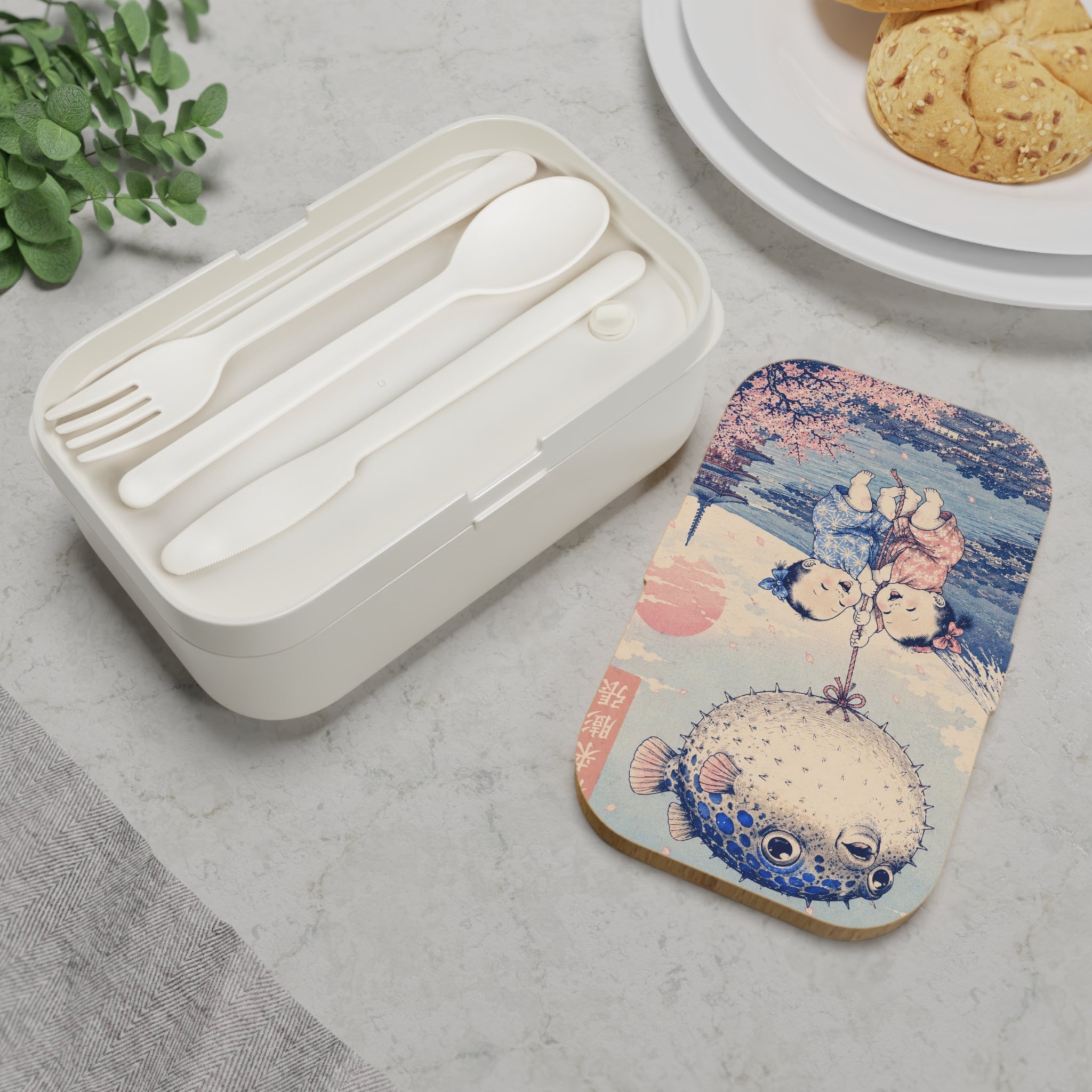Bento Lunch Box - Unique Ukiyo-e Inspired Puffer Fish & Babies Design