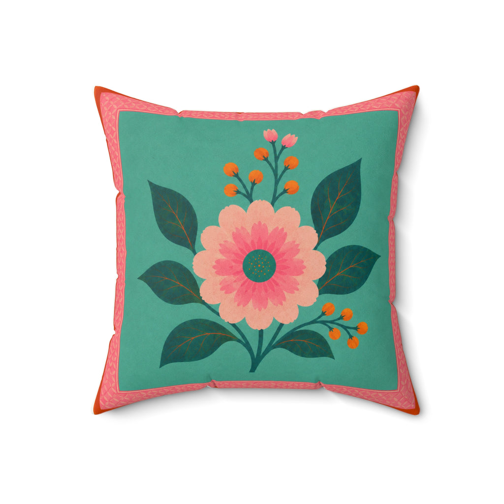Retro Floral Faux Suede Cushion —  Bright Pink Orange & Teal Flower & Leaves Cushion
