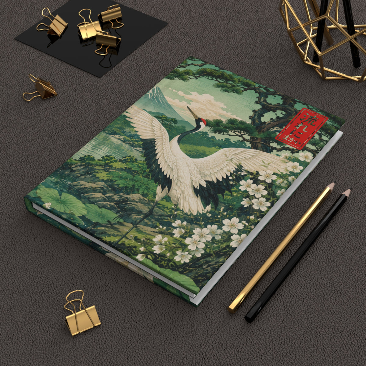 Hardcover Journal Japanese Crane — Vintage Ukiyo-e Nature Notebook