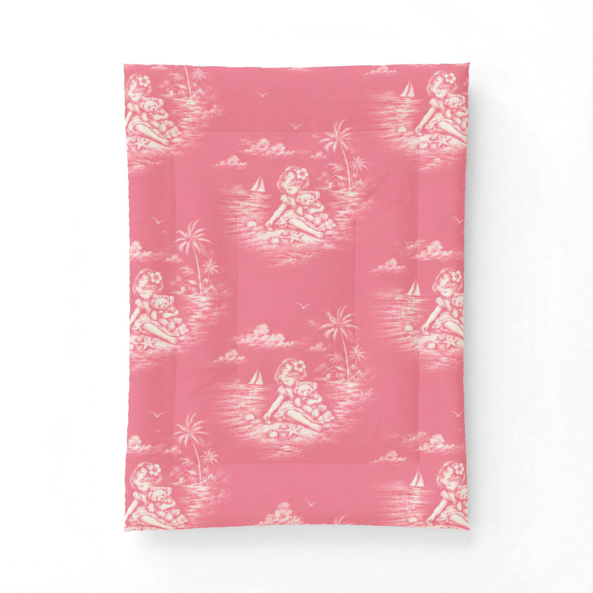 “Comforter – Nostalgia Beachcomber Girl vintage tropical bedding with nostalgic beach illustration”