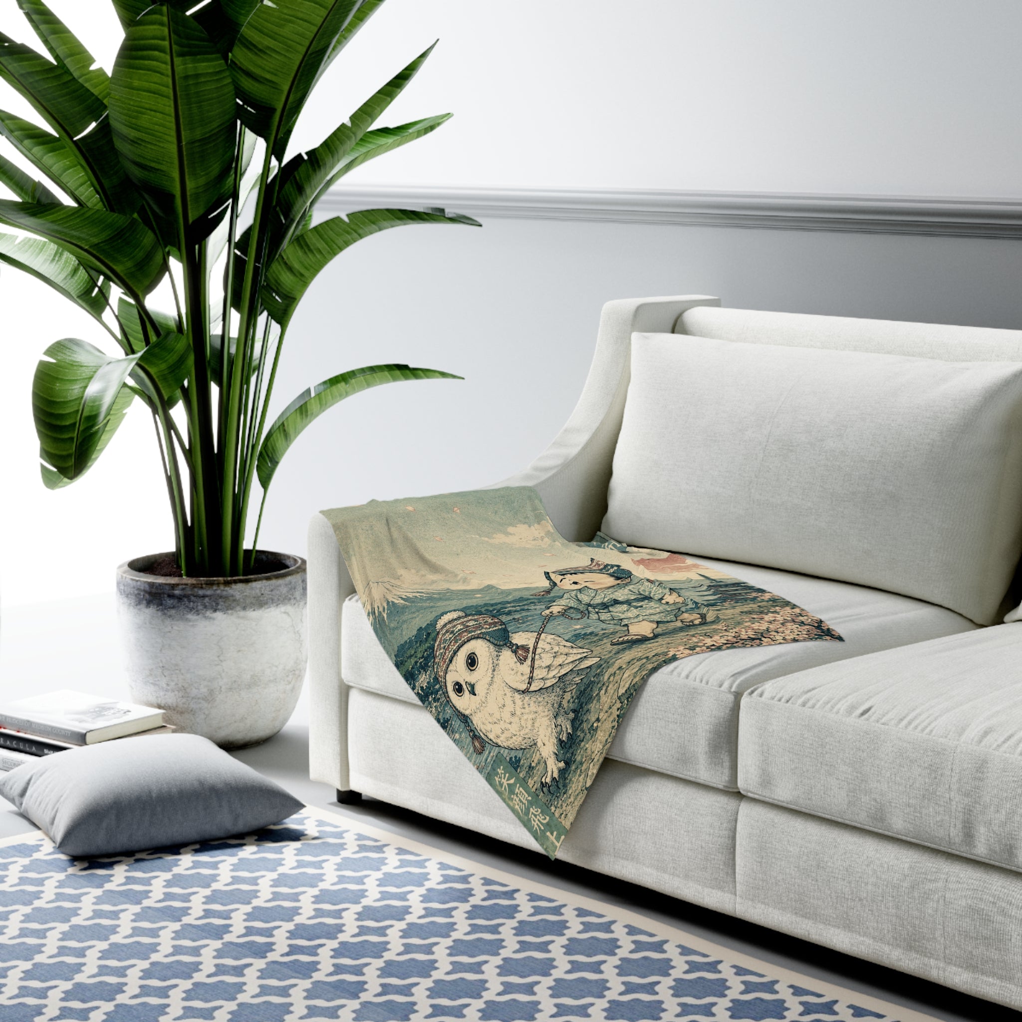 Baby Swaddle Blanket — Vintage Japanese Nursery Print with Child, Owl & Mount Fuji  Blanket