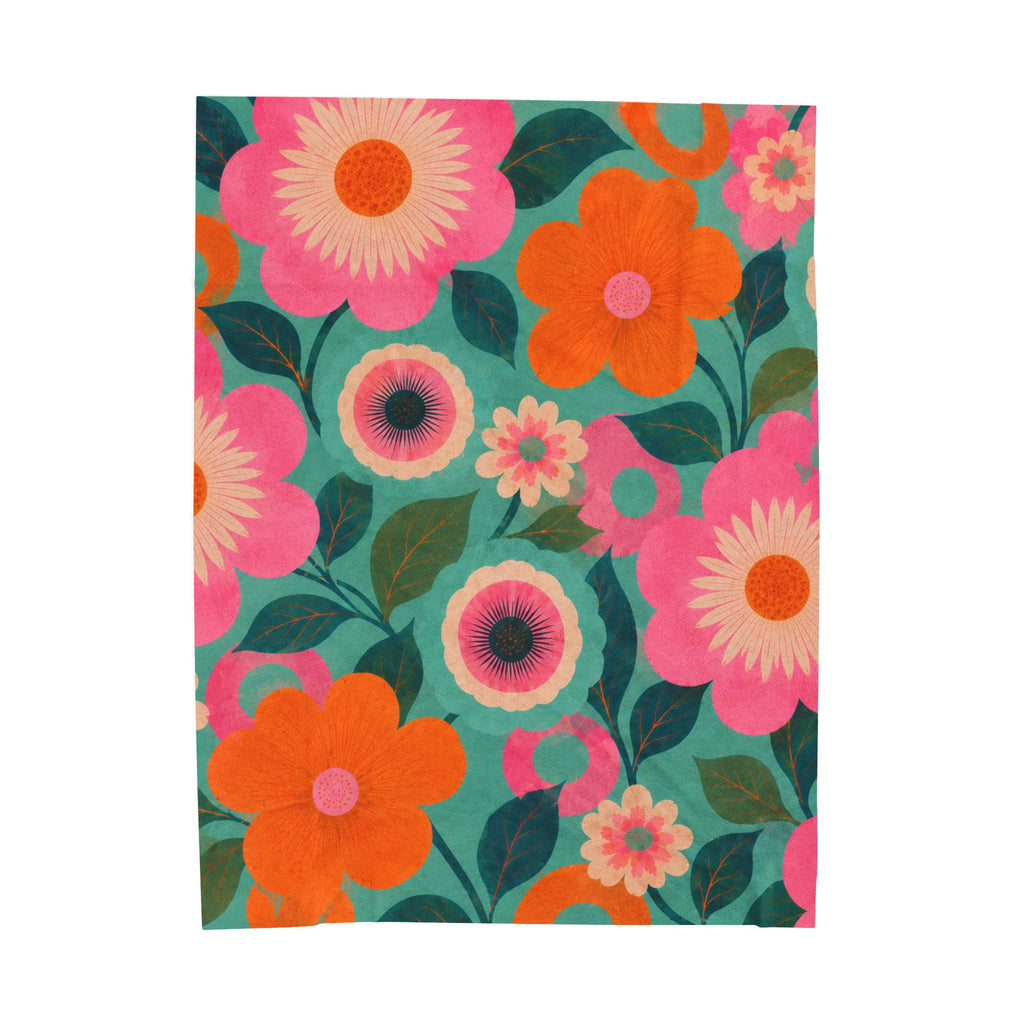 Retro Floral Bright Pink  Orange & Teal - Velveteen Plush Blanket.