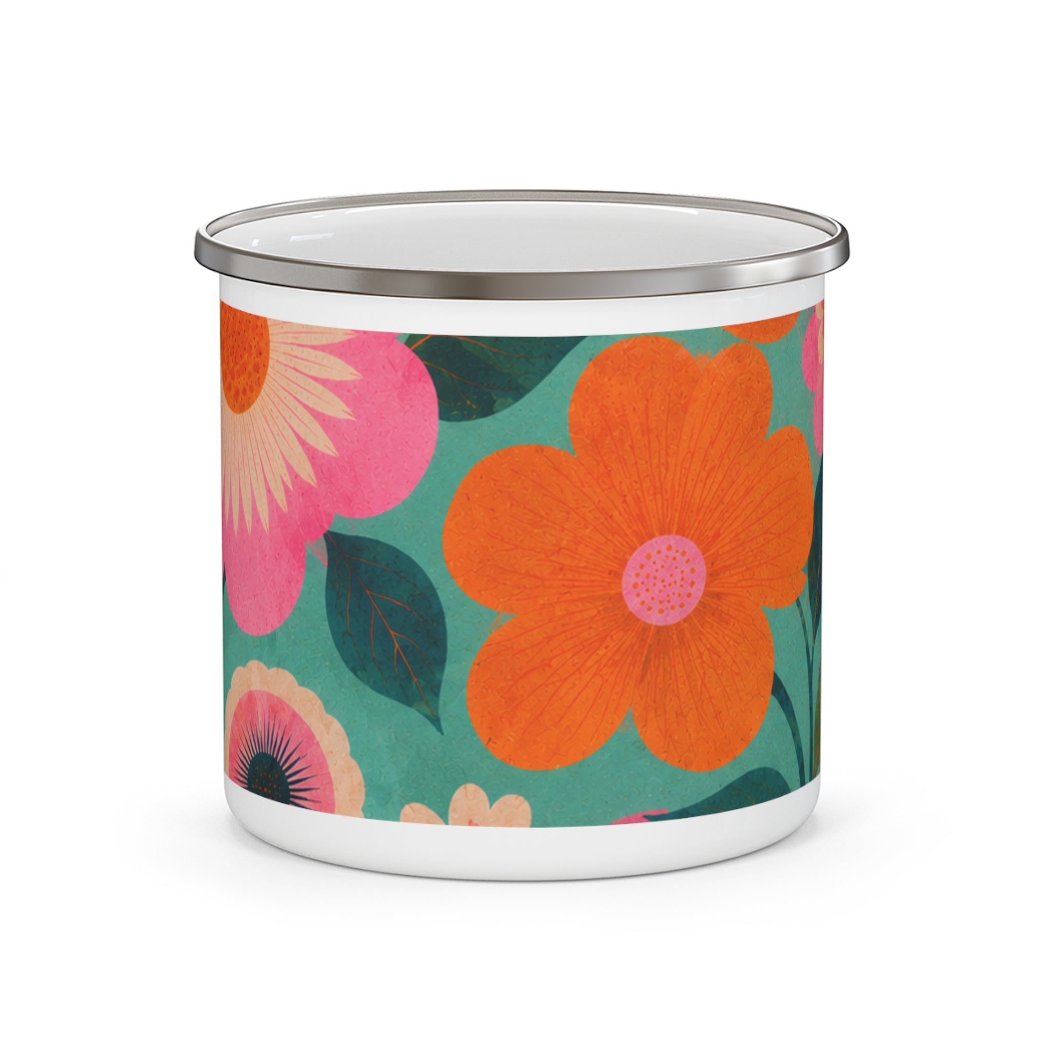 Retro Floral Enamel Camping Mug —  Pink & Teal Wildflower Print