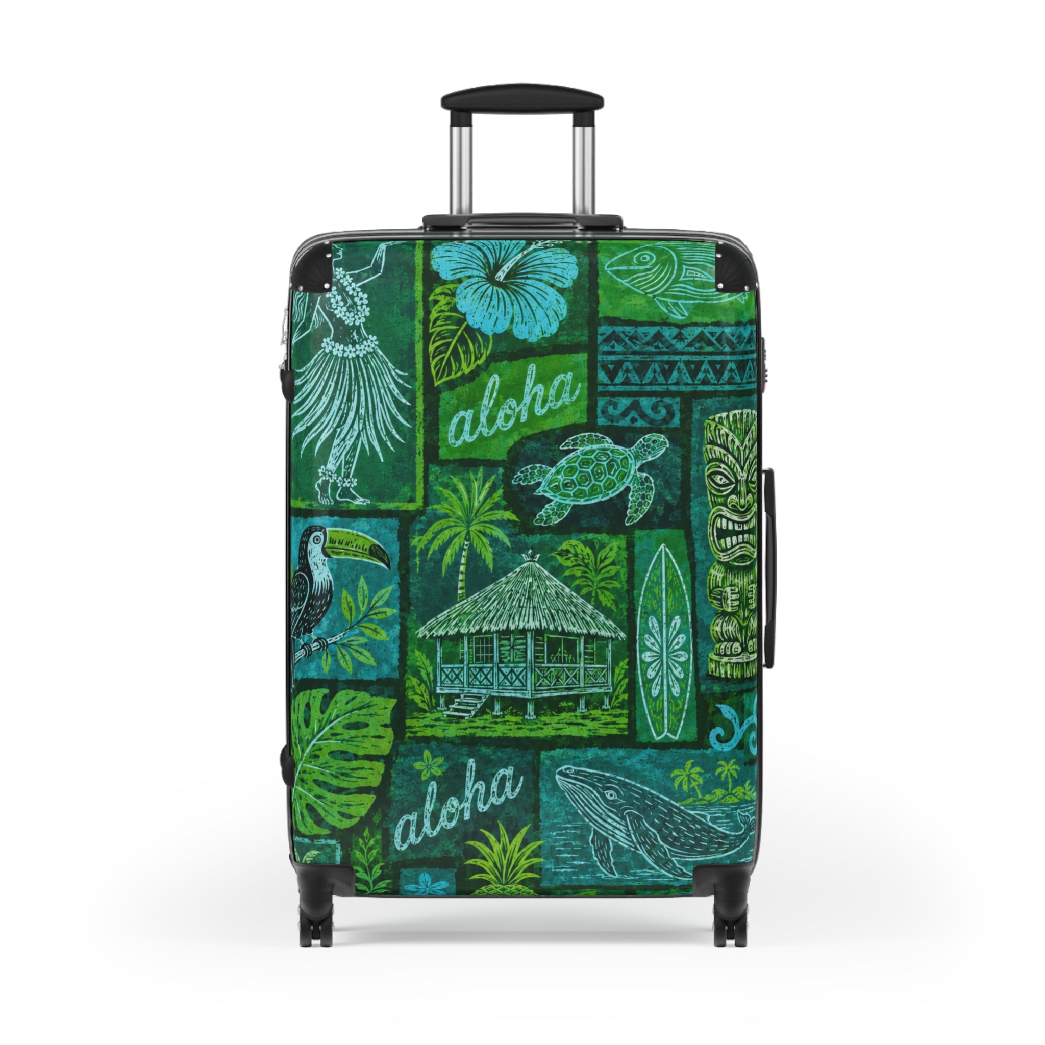 Aloha Tropical Suitcase – Green Hawaiian Stamp Print Luggage
