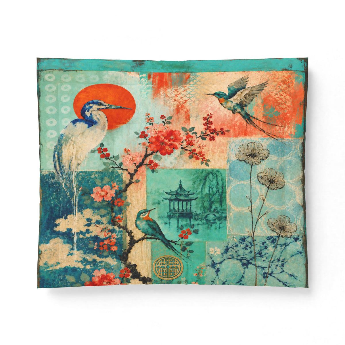 Vintage Asian Garden Collage Cotton Quilt – Blue & Coral Bird Botanical Cotton  Bedding