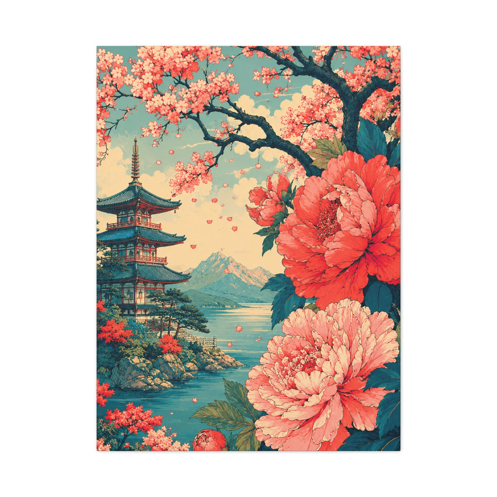 Blossoms of Kyoto – Vintage Japanese Pagoda & Peony Wall Art Canvas Print