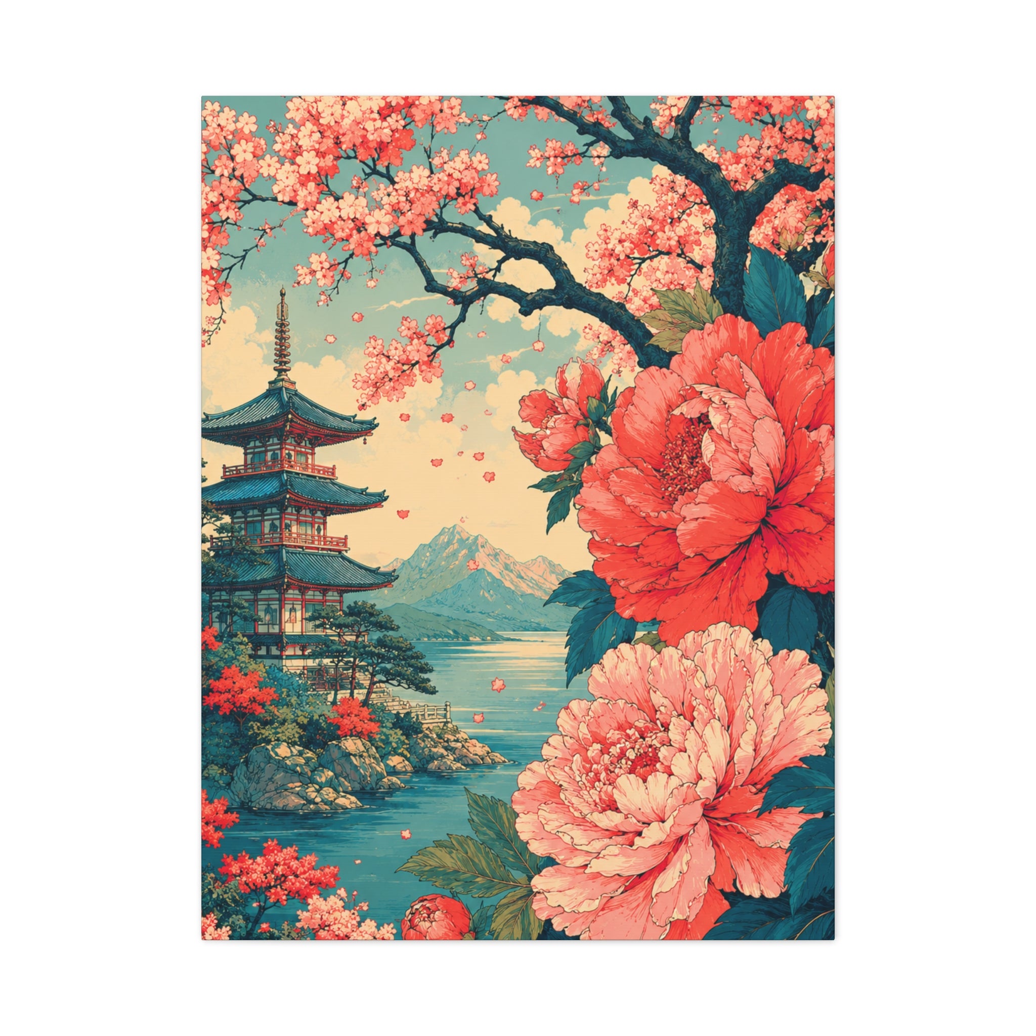 Blossoms of Kyoto – Vintage Japanese Pagoda & Peony Wall Art Canvas Print