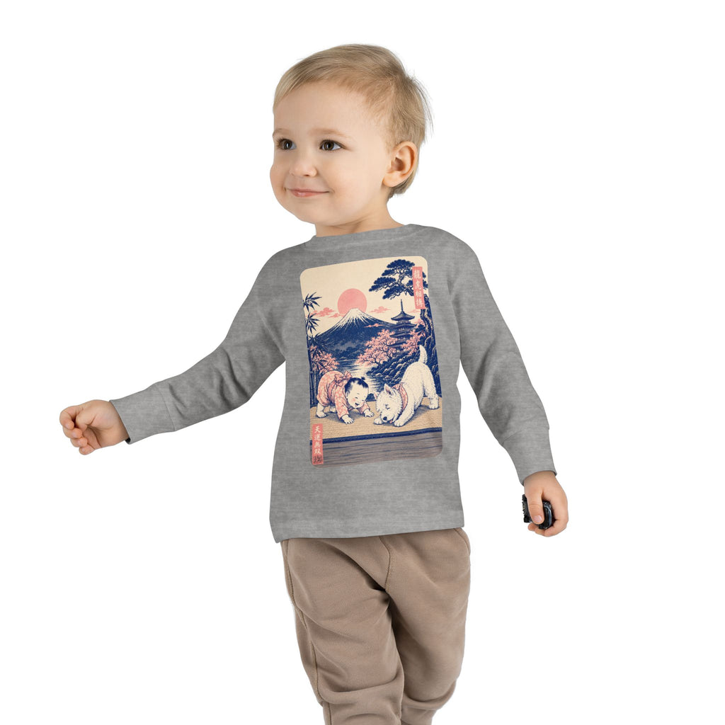 Toddler Long Sleeve Tee — Vintage Japanese Puppy Sunset Graphic