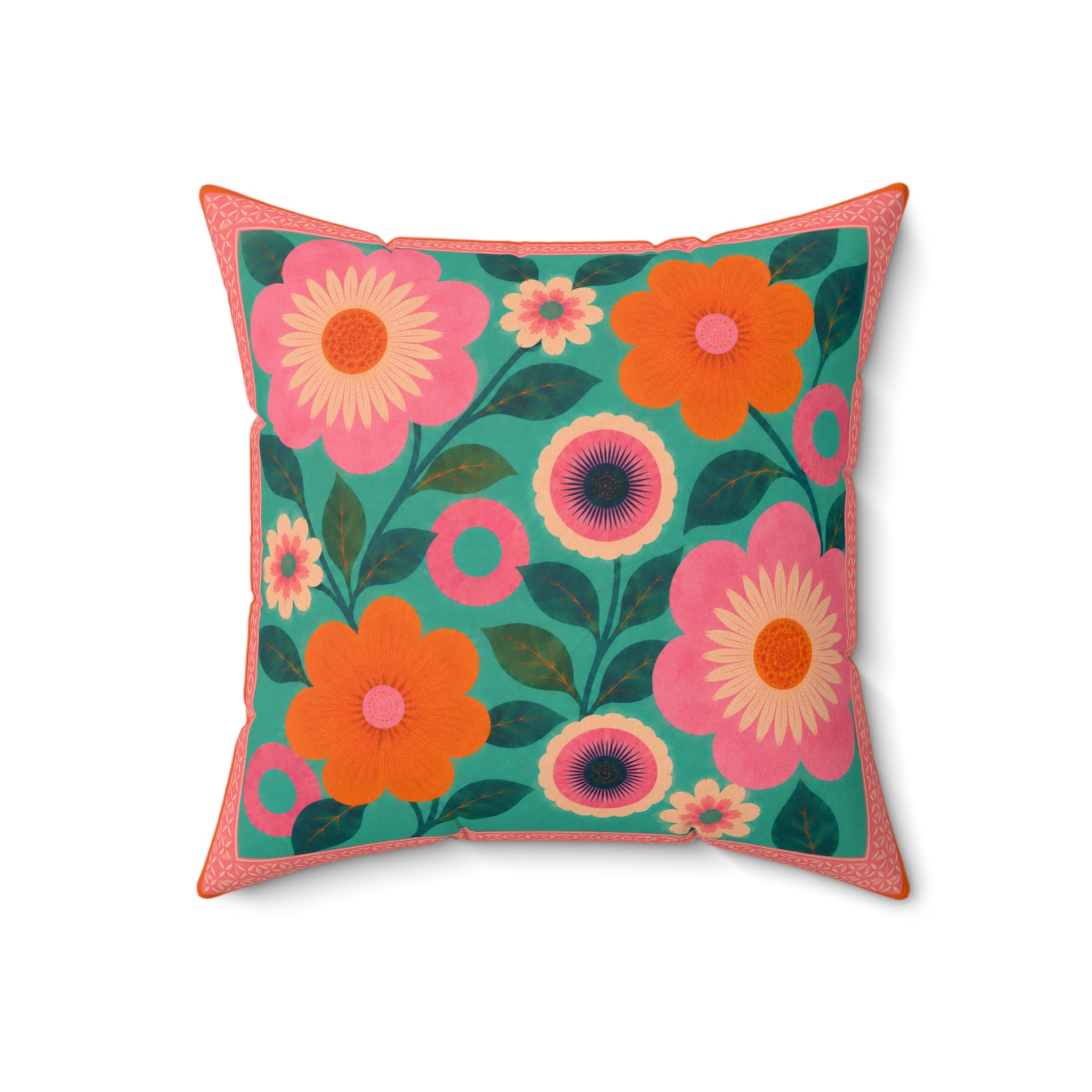 Retro Floral Faux Suede Cushion —  Bright Pink Orange & Teal Cluster of Flowers Cushion
