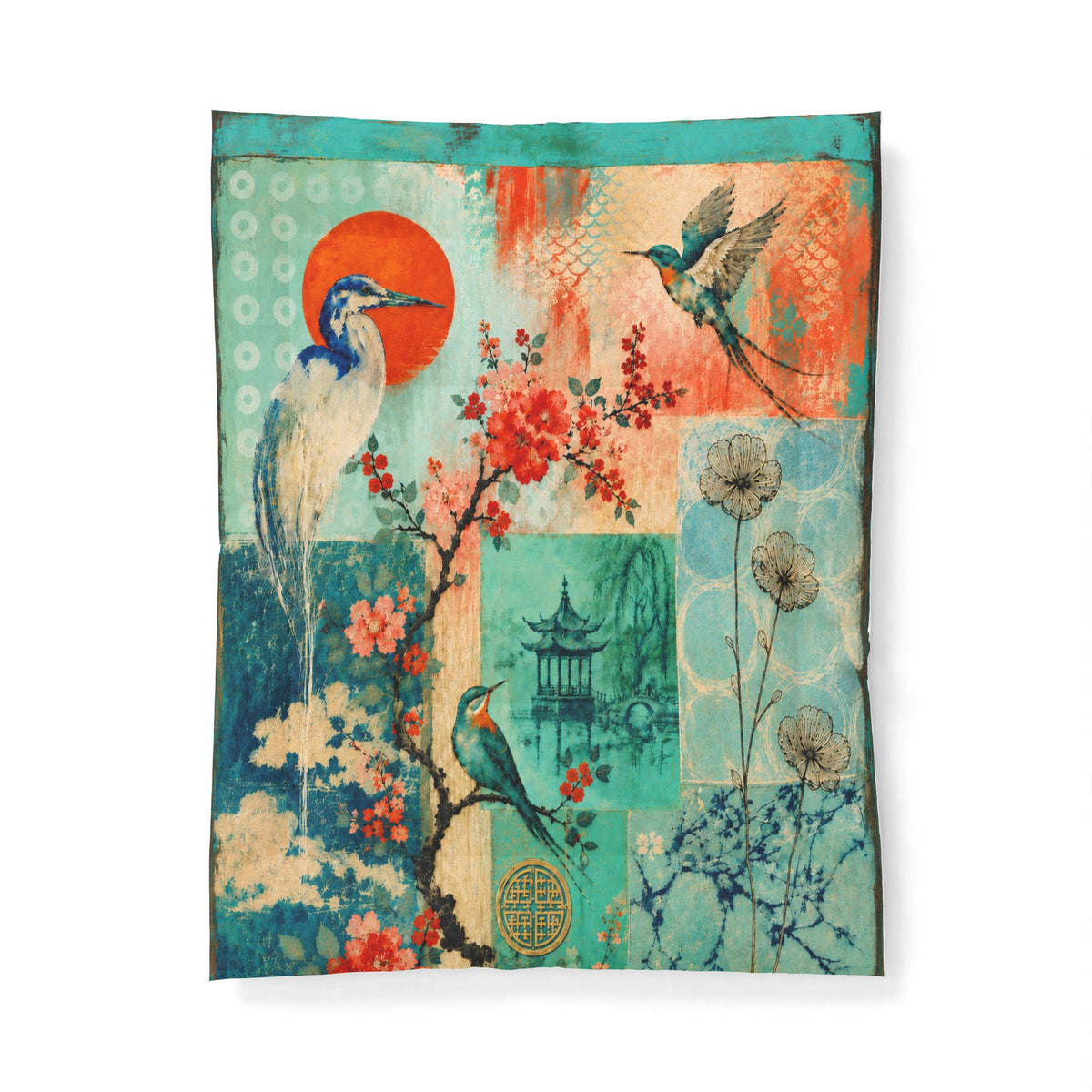 Vintage Asian Garden Collage Cotton Quilt – Blue & Coral Bird Botanical Cotton  Bedding