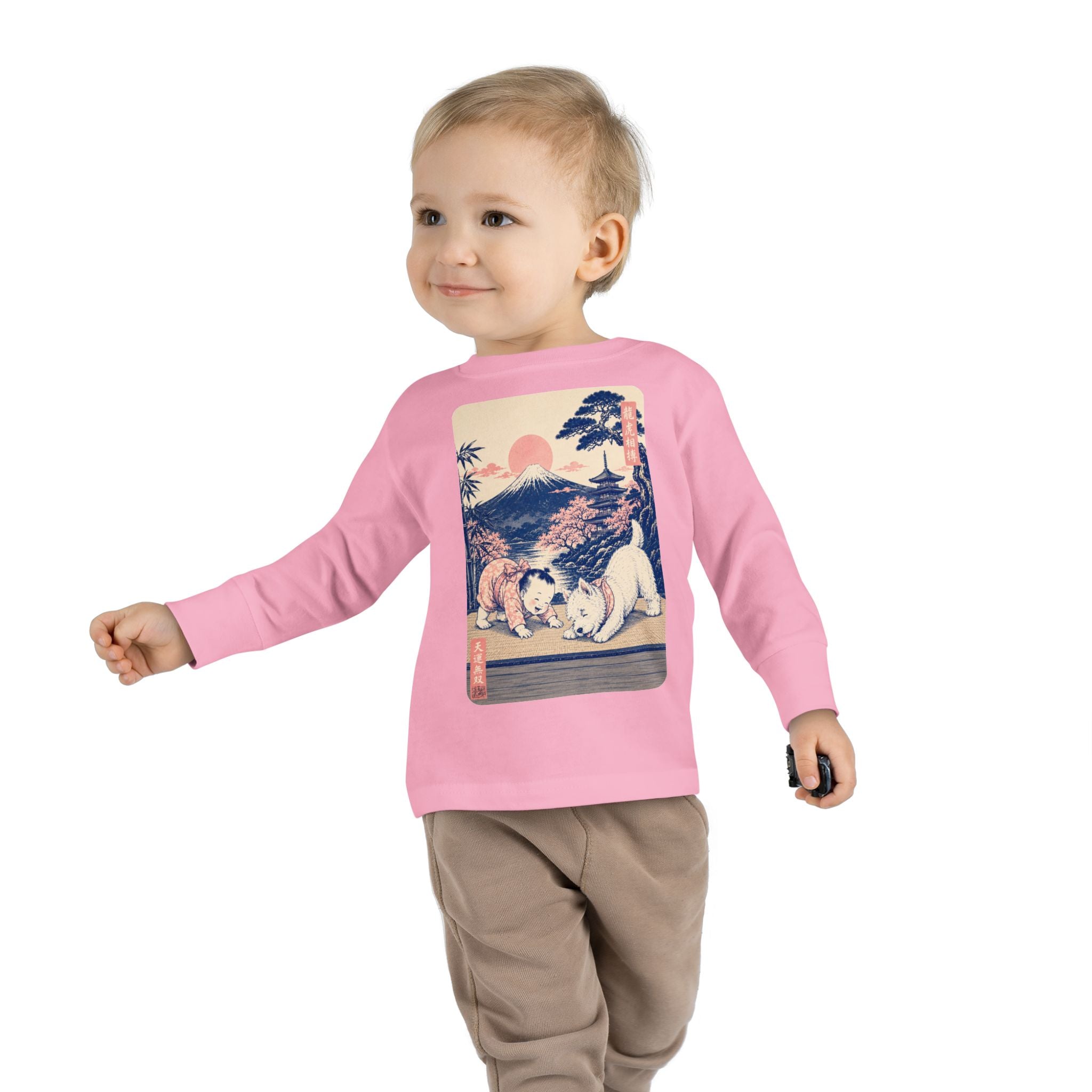 Toddler Long Sleeve Tee — Vintage Japanese Puppy Sunset Graphic