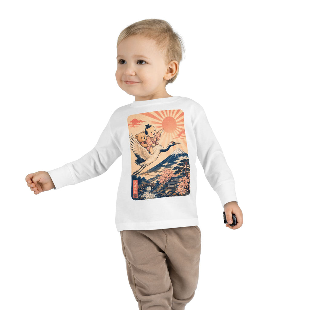 Toddler Long Sleeve Tee — Kawaii Ukiyo-e Crane Ride with Rising Sun
