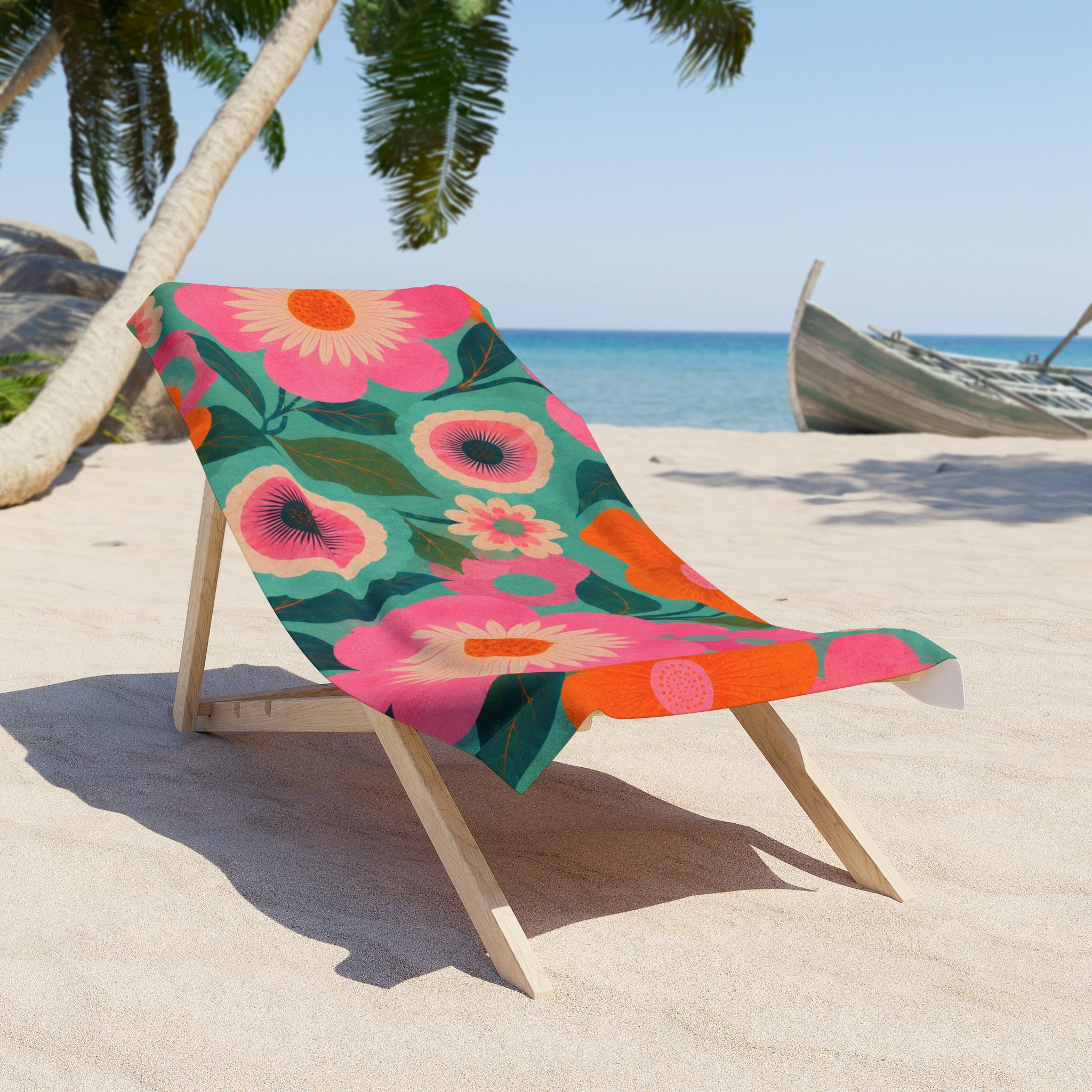 Retro Floral Beach Towel — Bright Pink Orange & Teal Vintage Flower Design
