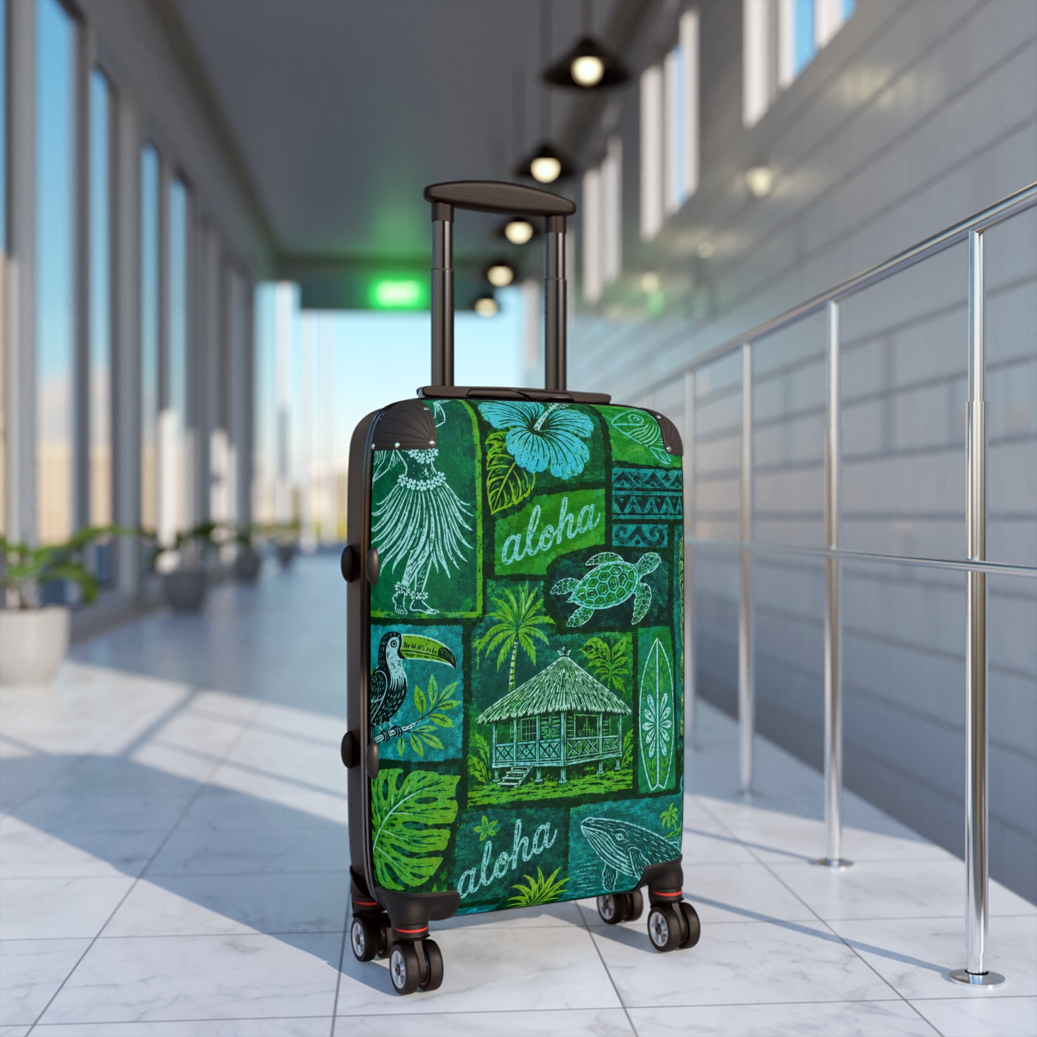 Aloha Tropical Suitcase – Green Hawaiian Stamp Print Luggage