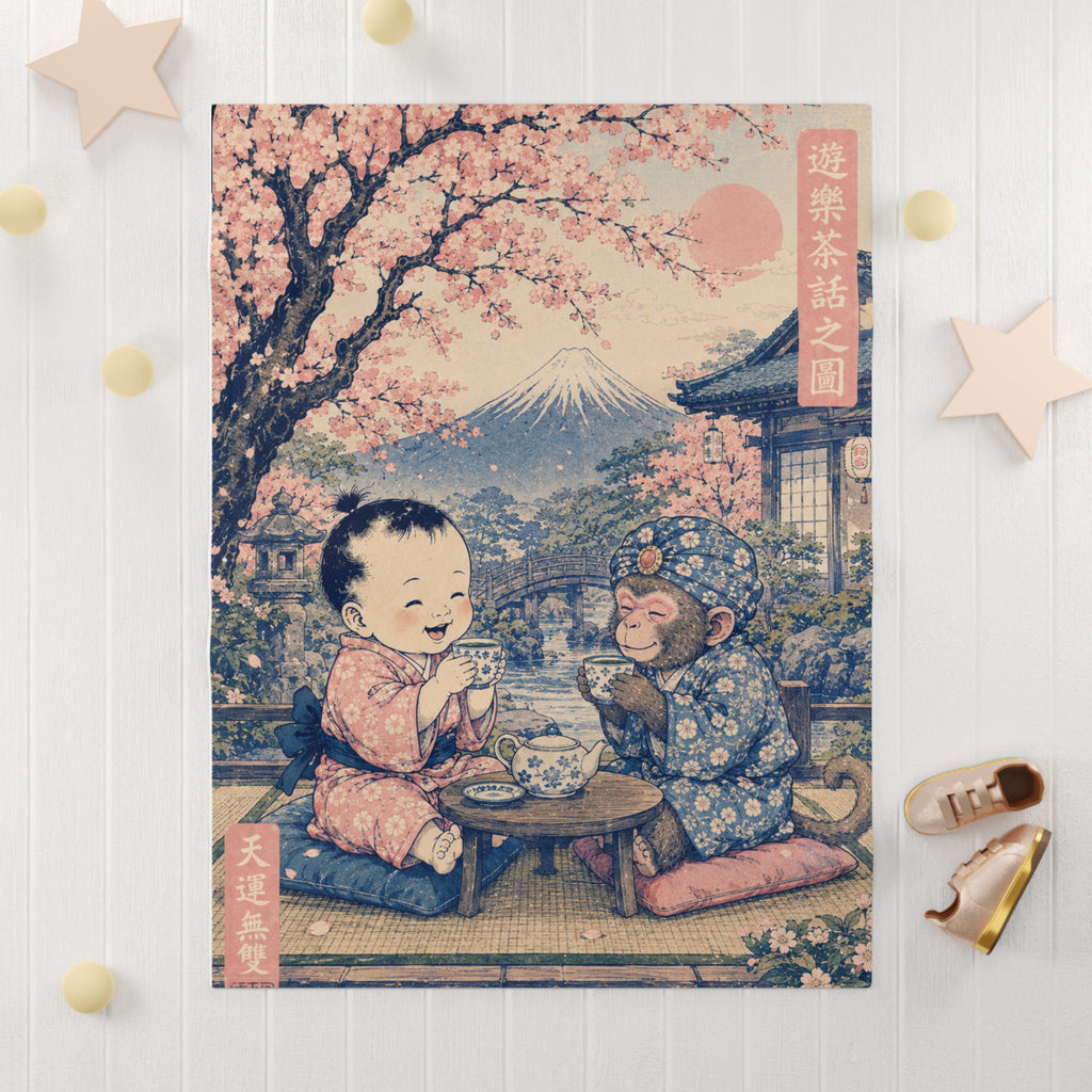 Toddler Blanket — Vintage Japanese Baby & Monkey Kids Throw (Fuji & Cherry Blossom Design)