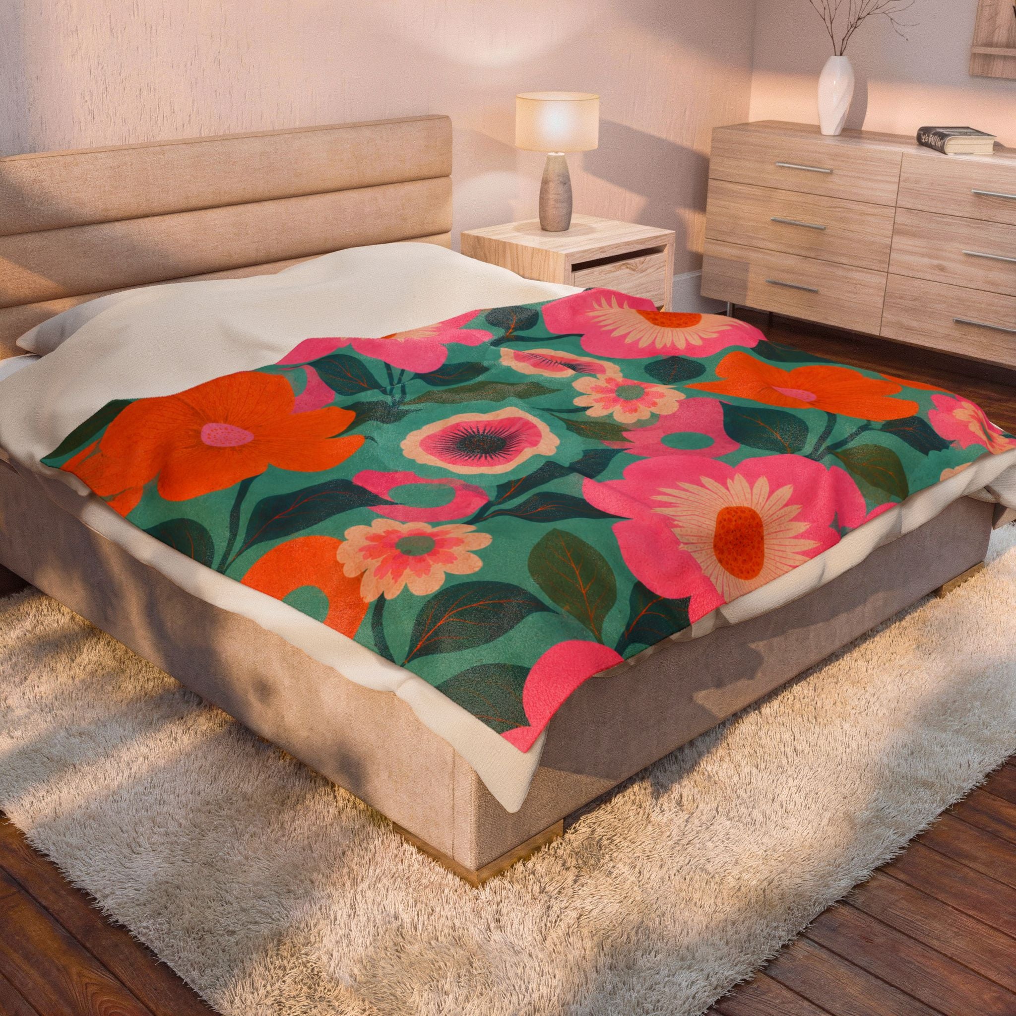 Retro Floral Bright Pink  Orange & Teal - Velveteen Plush Blanket.