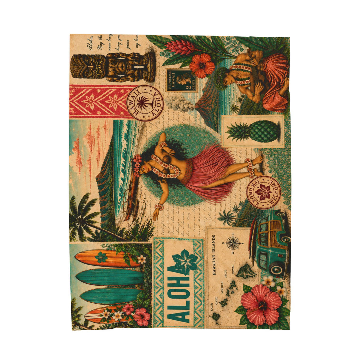 Island Story - Vintage Tropical Velveteen Plush Blanket