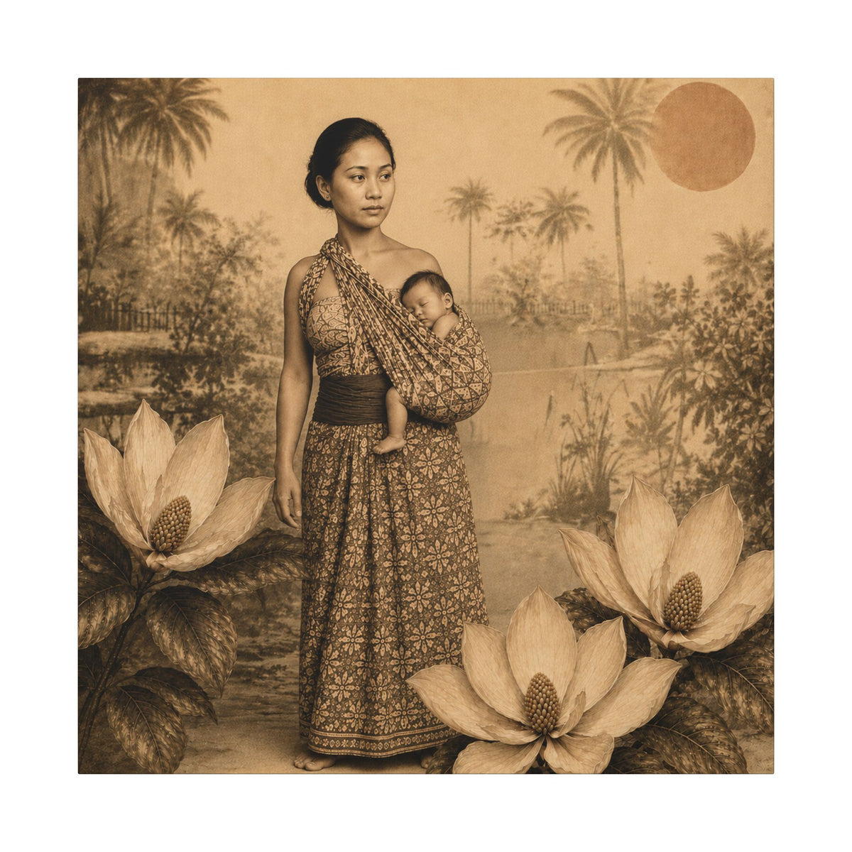 Vintage Balinese Mother and Child Sepia Wall Art