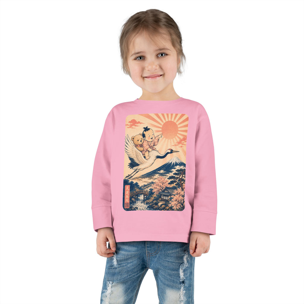 Toddler Long Sleeve Tee — Kawaii Ukiyo-e Crane Ride with Rising Sun