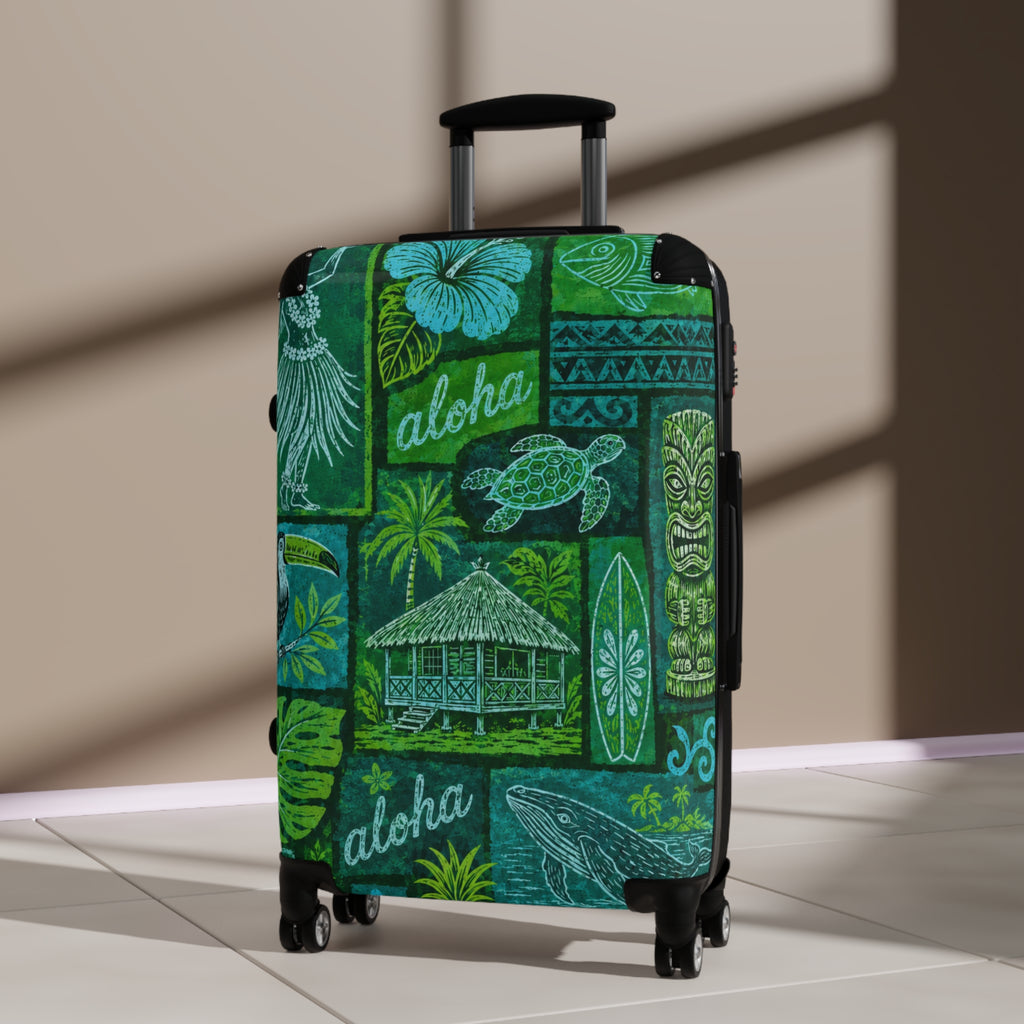 Aloha Tropical Suitcase – Green Hawaiian Stamp Print Luggage