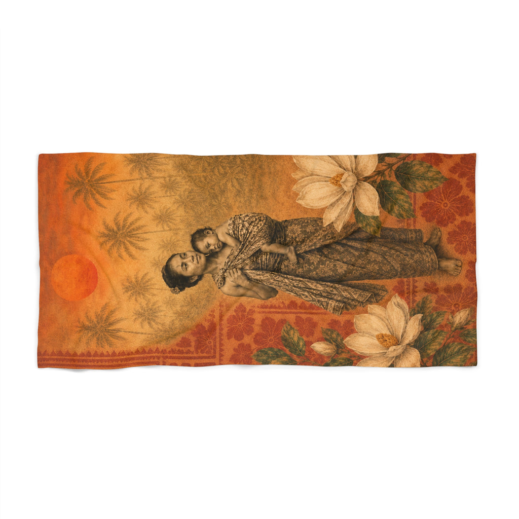 Island Mother Vintage Tropical Large Beach Towel– Balinese-Inspired Magnolia & Sunset Print