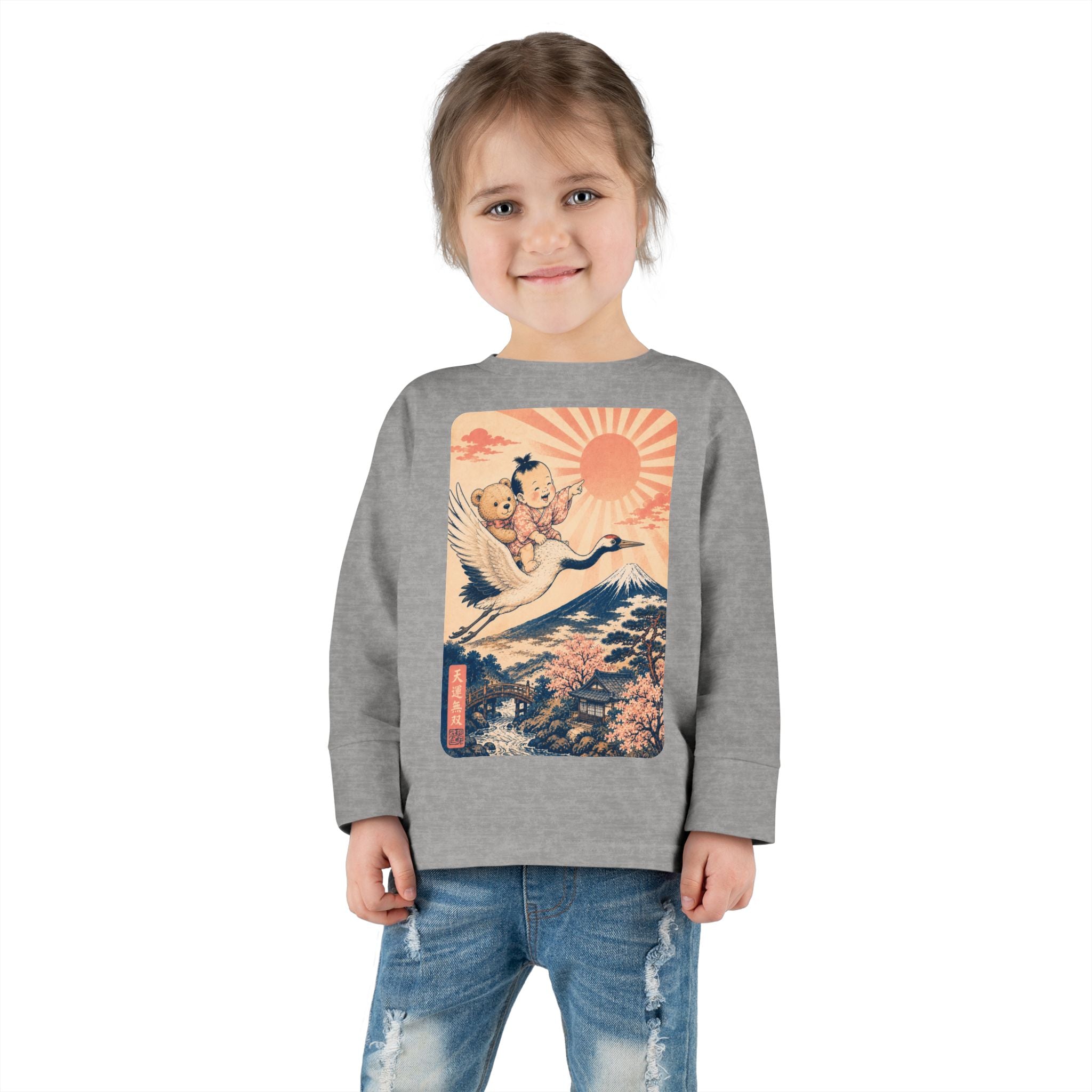 Toddler Long Sleeve Tee — Kawaii Ukiyo-e Crane Ride with Rising Sun