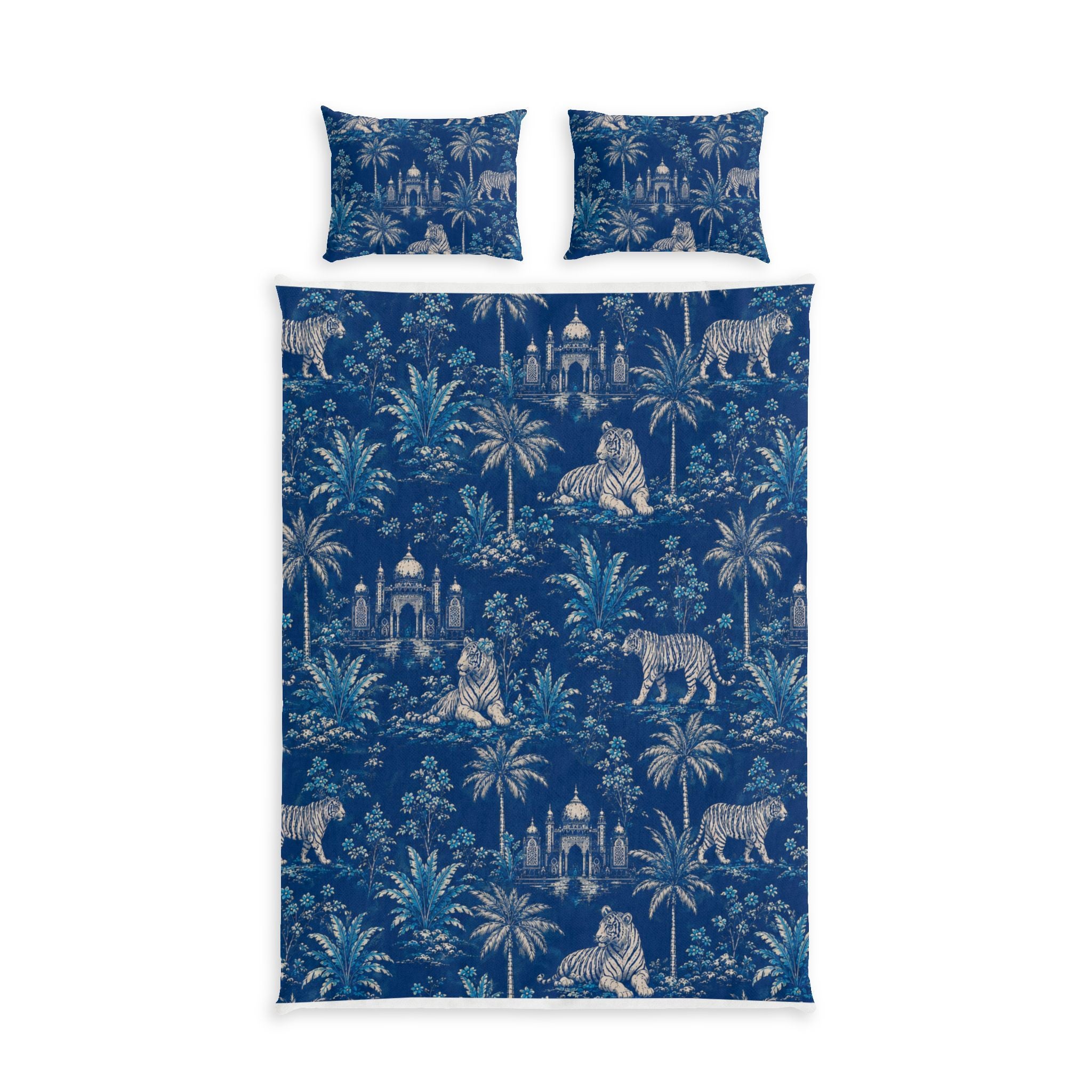 Indigo Jungle Cotton Duvet Cover Set — Tropical Palms & Tigers Bedding