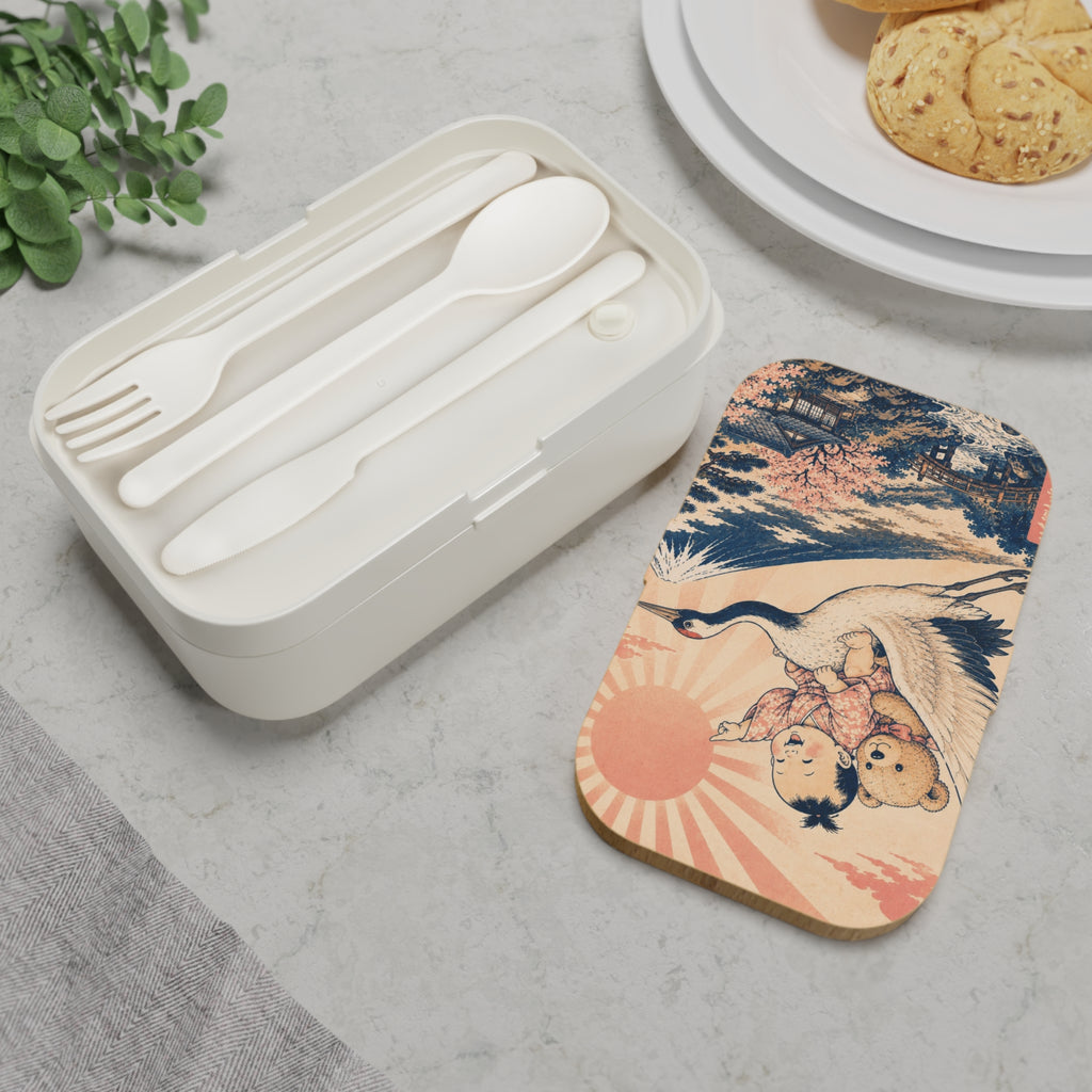 Bento Lunch Box - Unique Ukiyo-e Inspired Vintage Crane Baby & Teddy Design