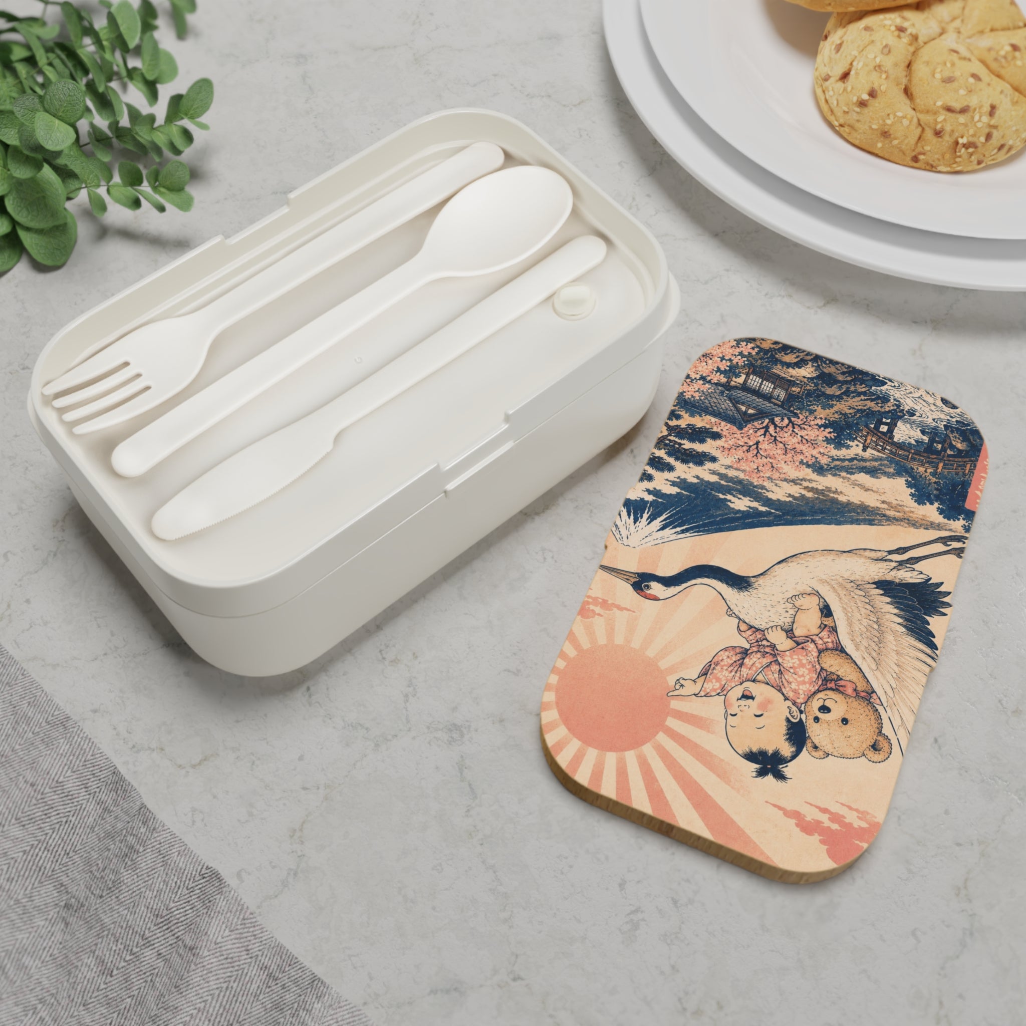 Bento Lunch Box - Unique Ukiyo-e Inspired Vintage Crane Baby & Teddy Design