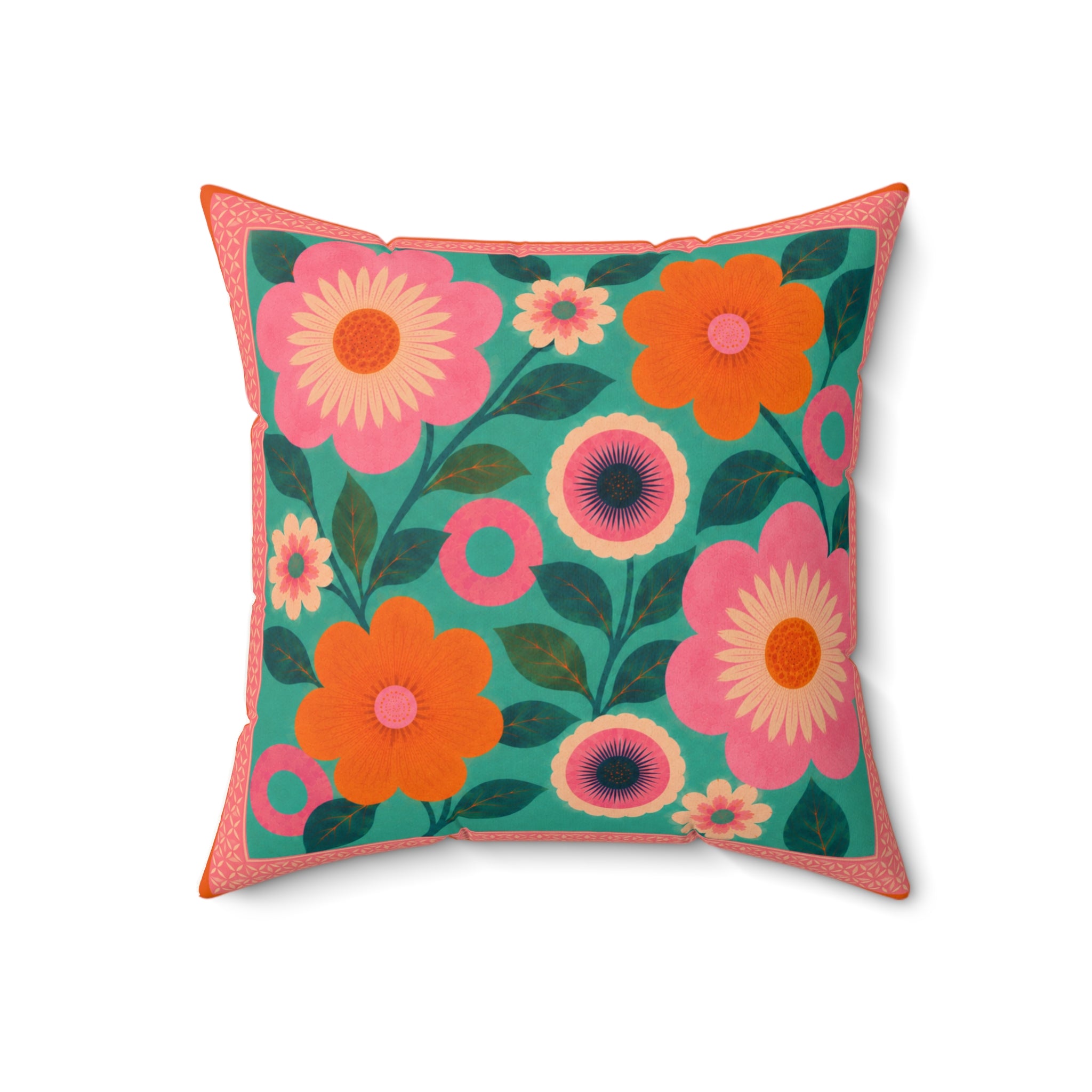Retro Floral Faux Suede Cushion —  Bright Pink Orange & Teal Cluster of Flowers Cushion
