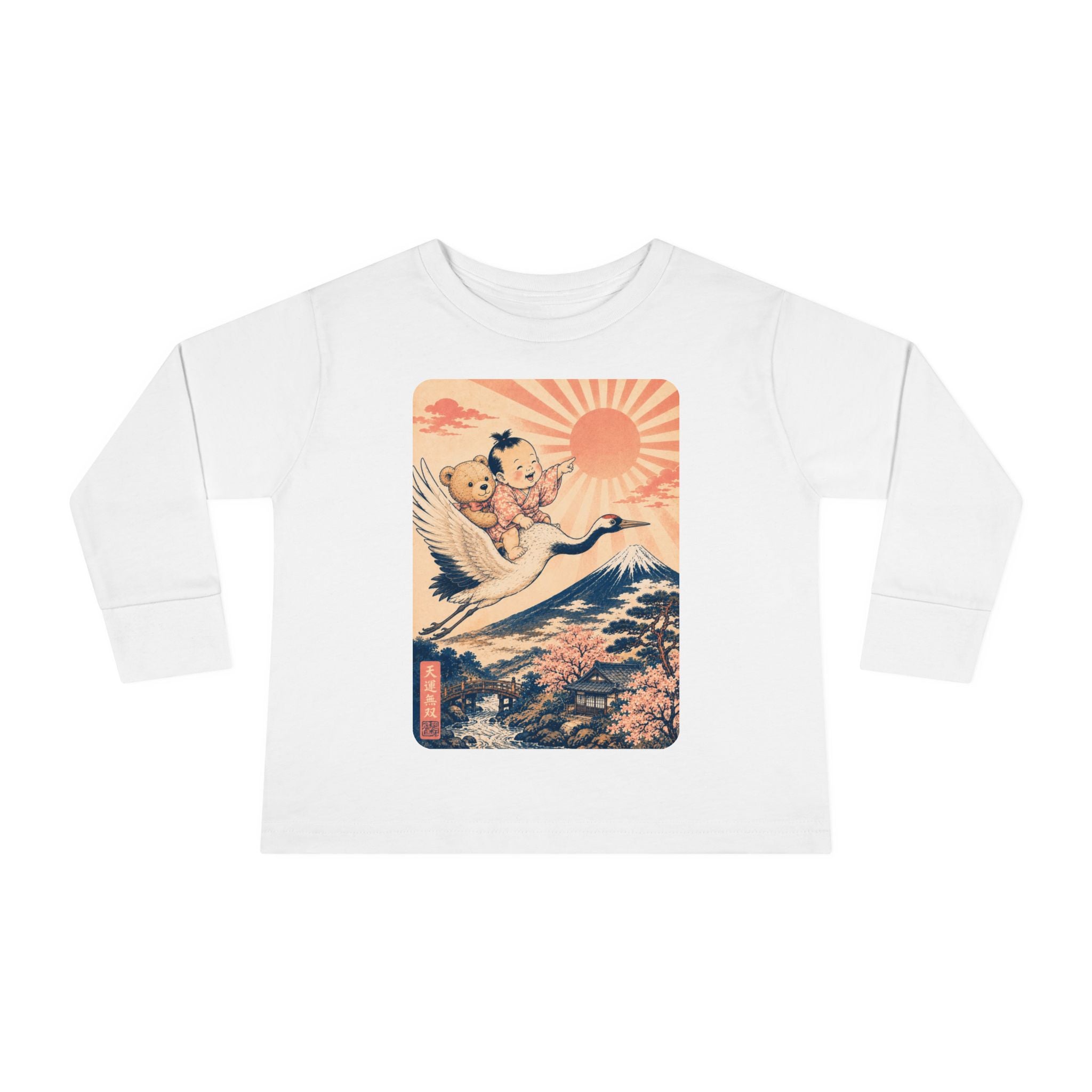 Toddler Long Sleeve Tee — Kawaii Ukiyo-e Crane Ride with Rising Sun