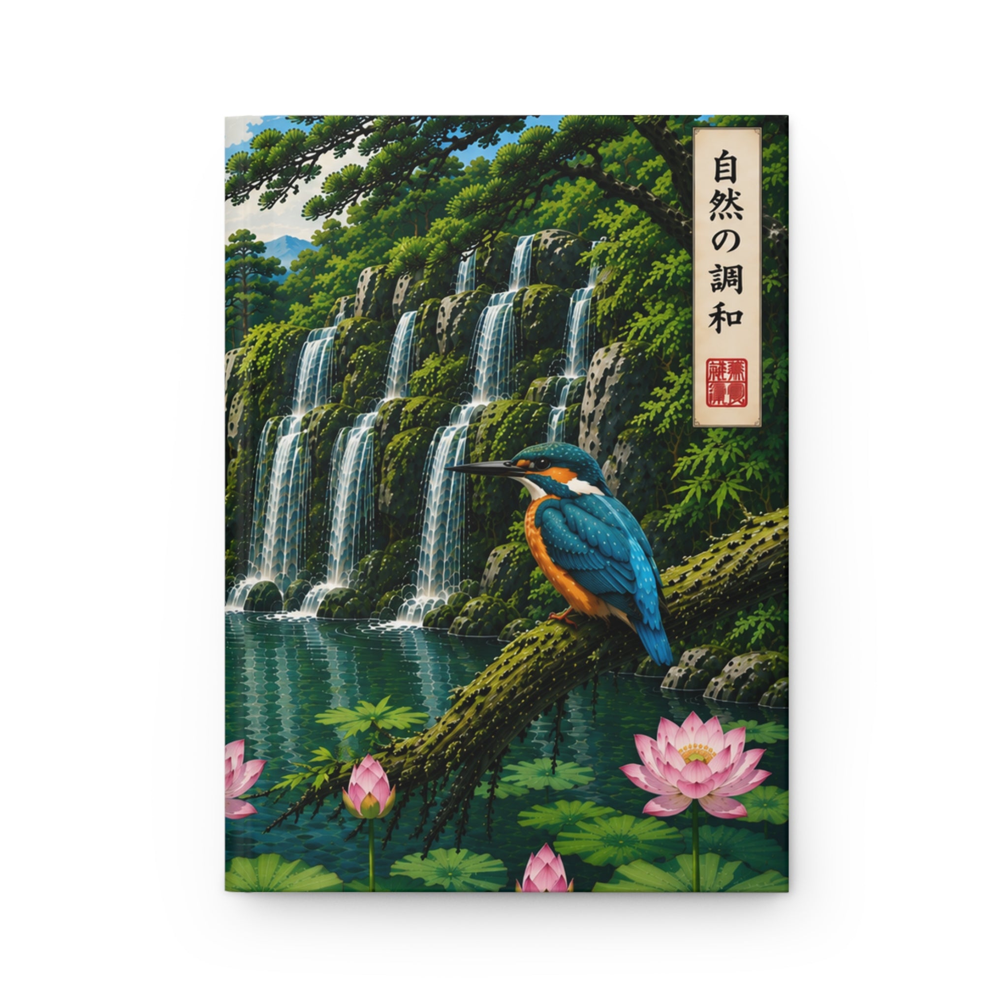 Hardcover Journal — Serene Japanese Garden Waterfall & Kingfisher Notebook