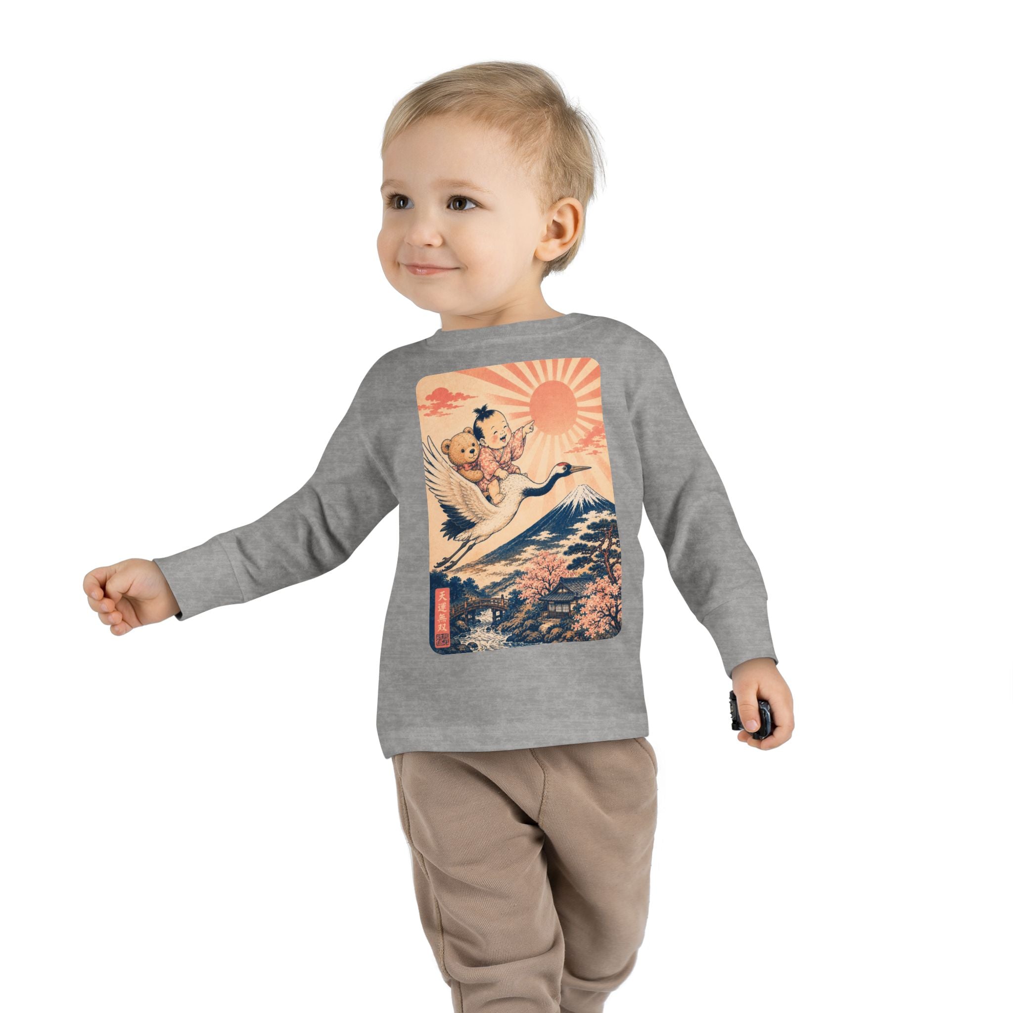 Toddler Long Sleeve Tee — Kawaii Ukiyo-e Crane Ride with Rising Sun