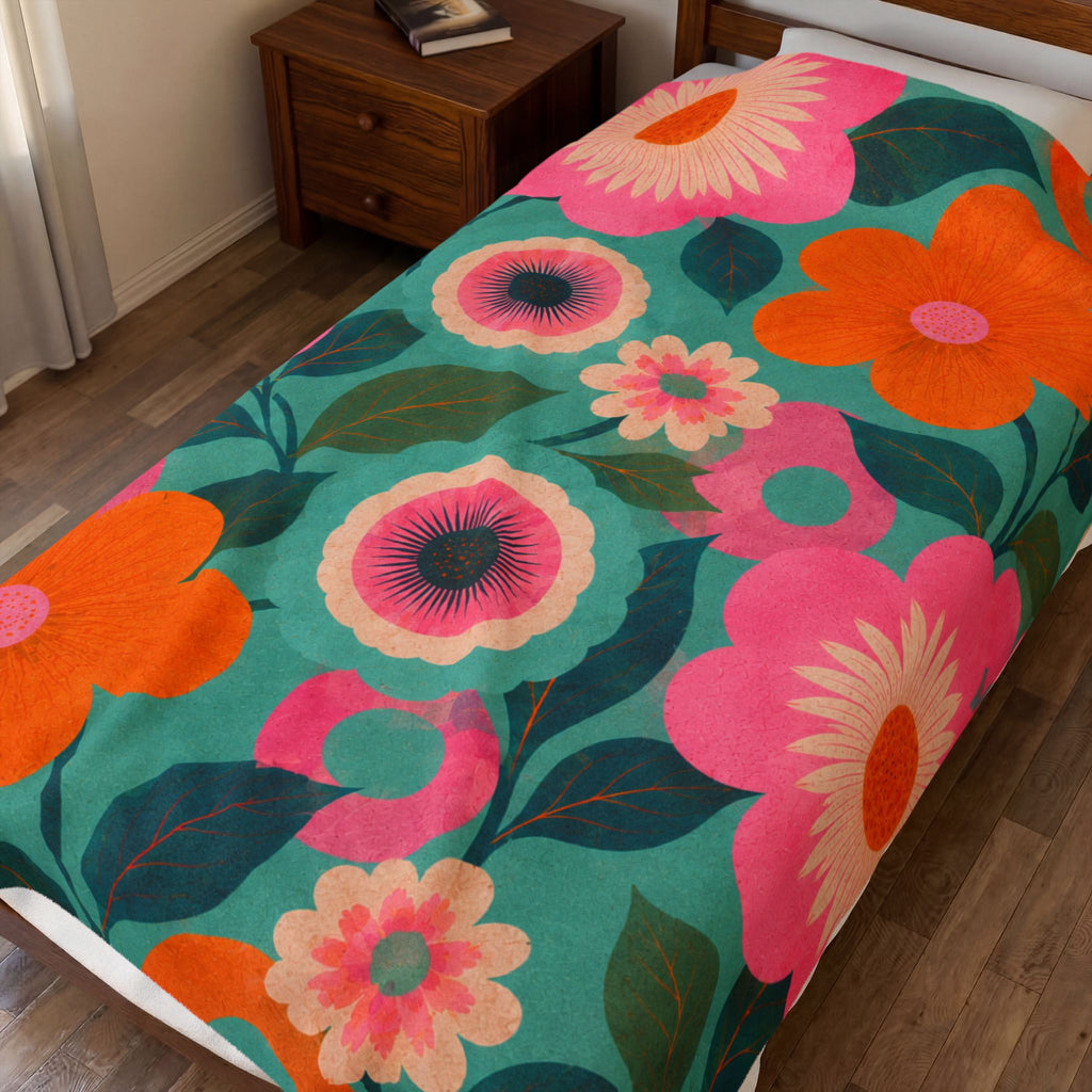 Retro Floral Bright Pink  Orange & Teal - Velveteen Plush Blanket.