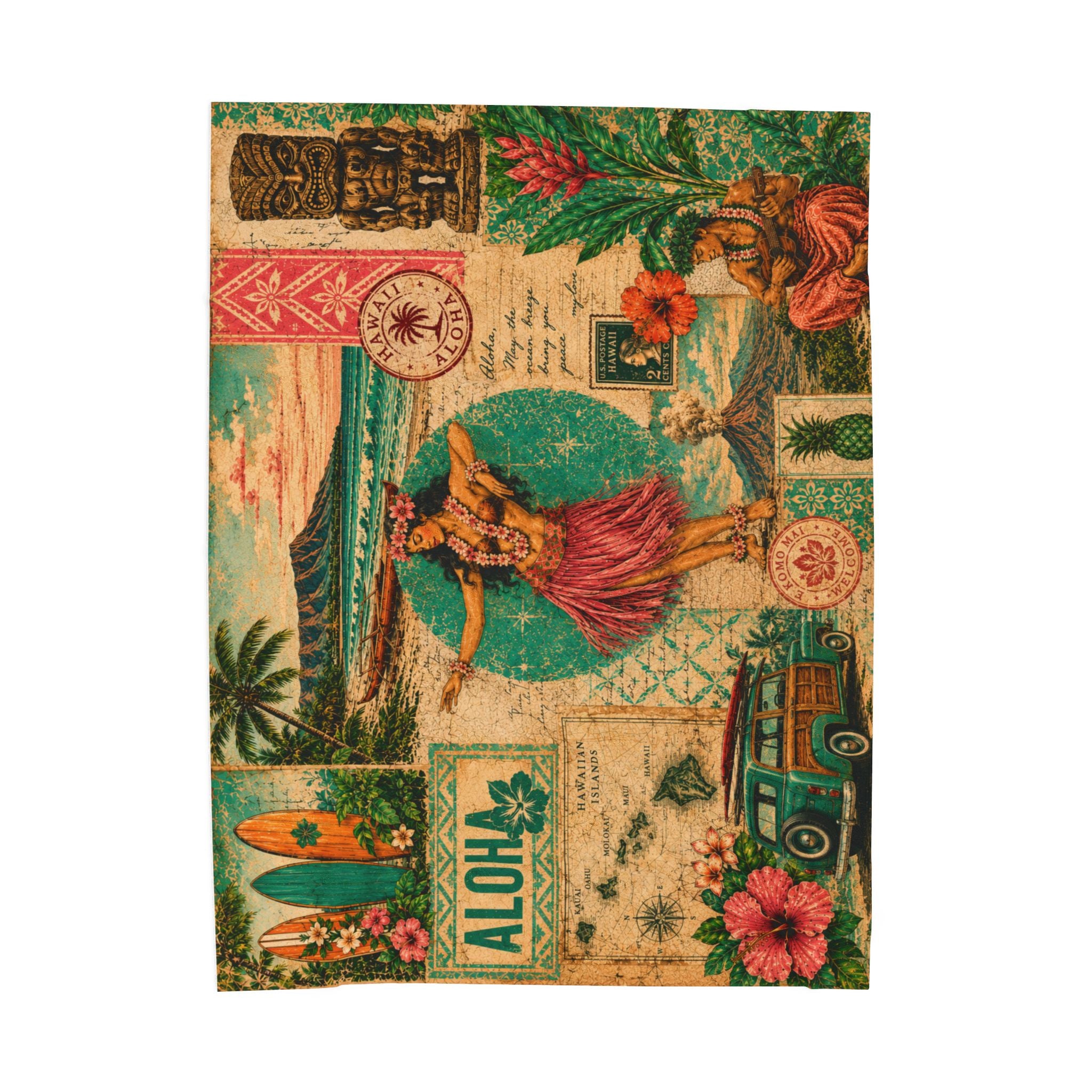 Island Story - Vintage Tropical Velveteen Plush Blanket