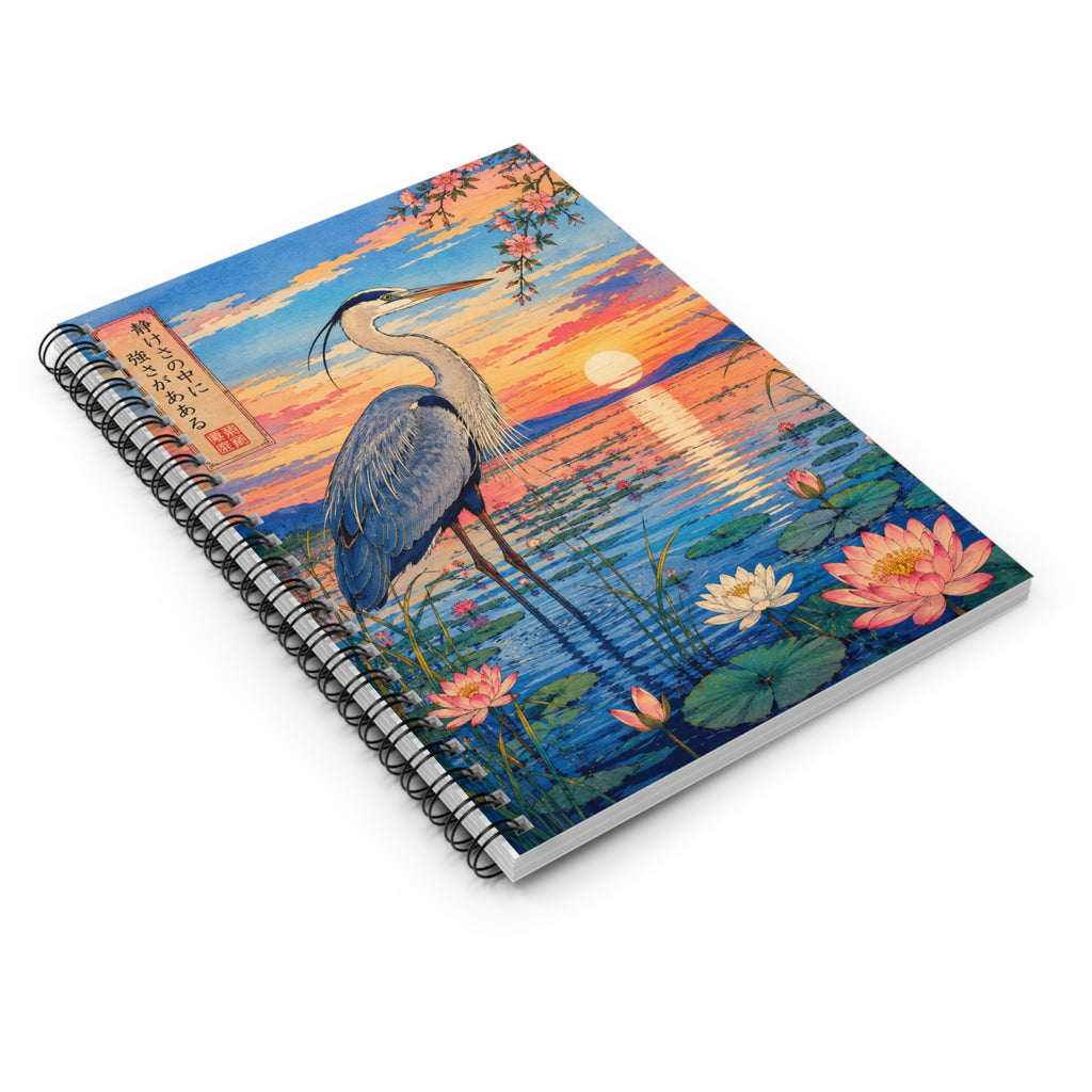 Spiral Notebook Heron Sunset — Ruled Journal with Lotus Pond Illustration