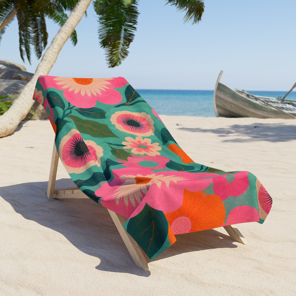 Retro Floral Beach Towel — Bright Pink Orange & Teal Vintage Flower Design