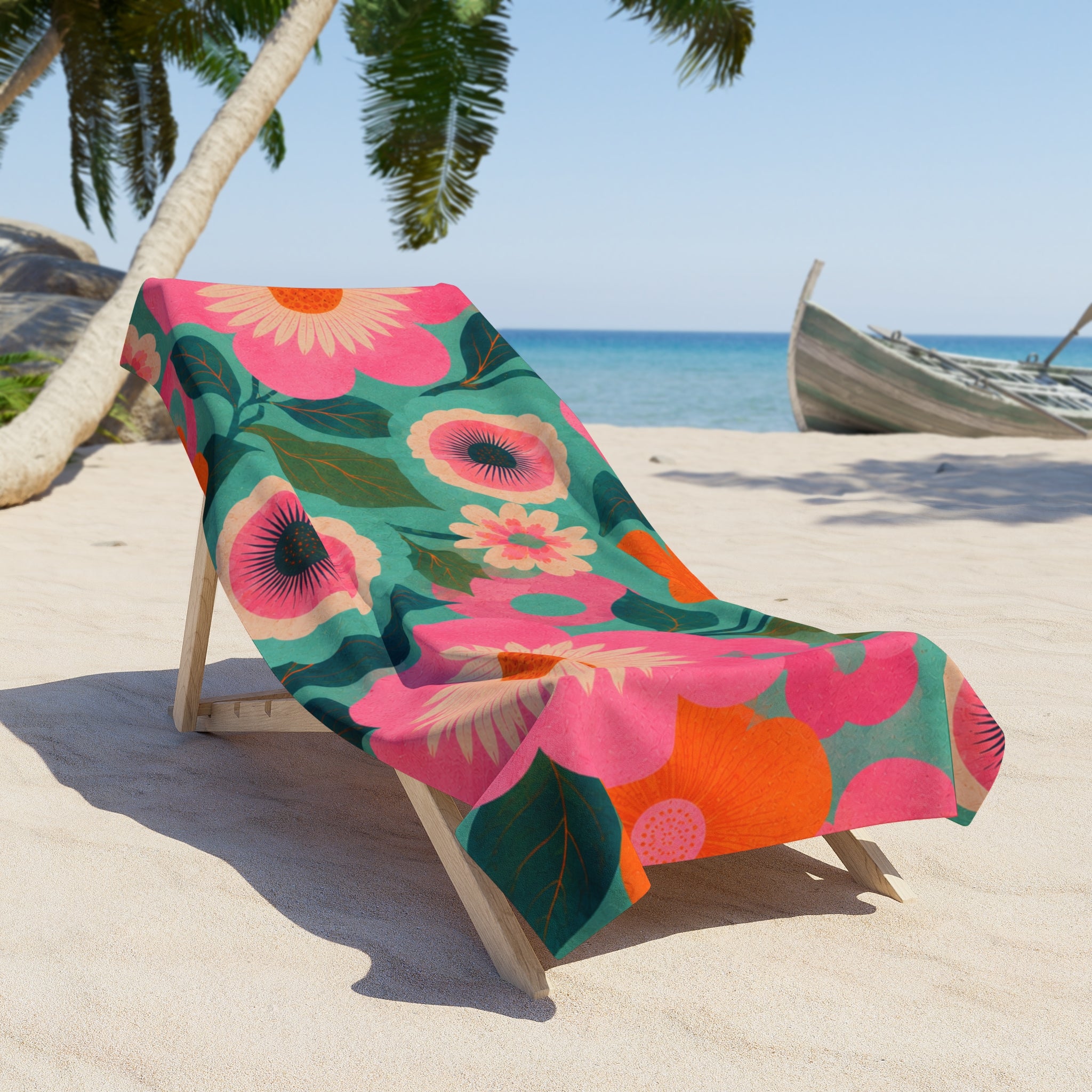 Retro Floral Beach Towel — Bright Pink Orange & Teal Vintage Flower Design