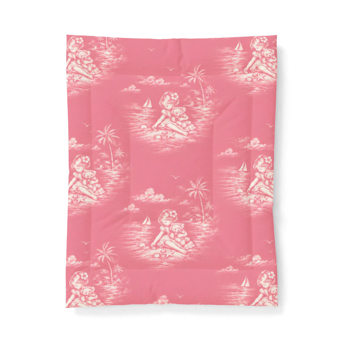 “Comforter – Nostalgia Beachcomber Girl vintage tropical bedding with nostalgic beach illustration”