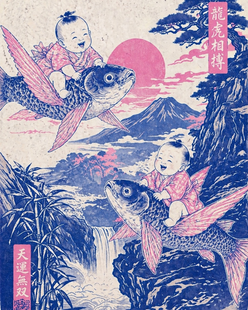 Infant Baby Bodysuit _ Vintage Japanese Flying Fish