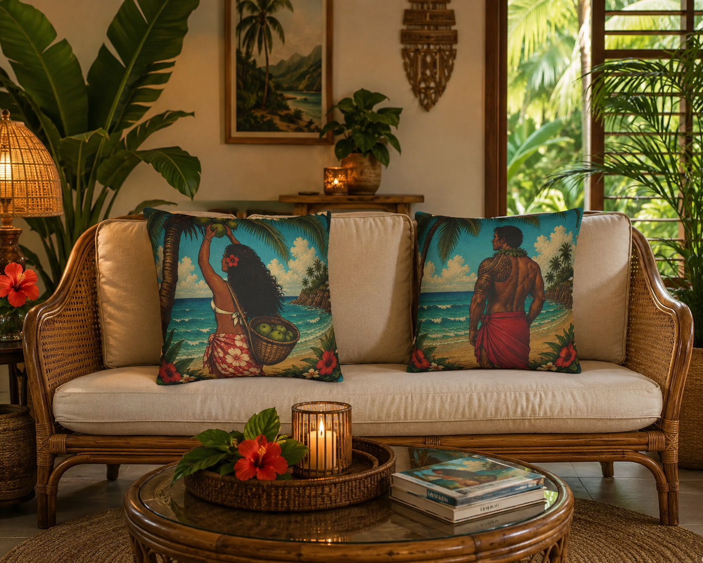 Tropical Hawaiian Man & Woman Decorative Cushion Covers