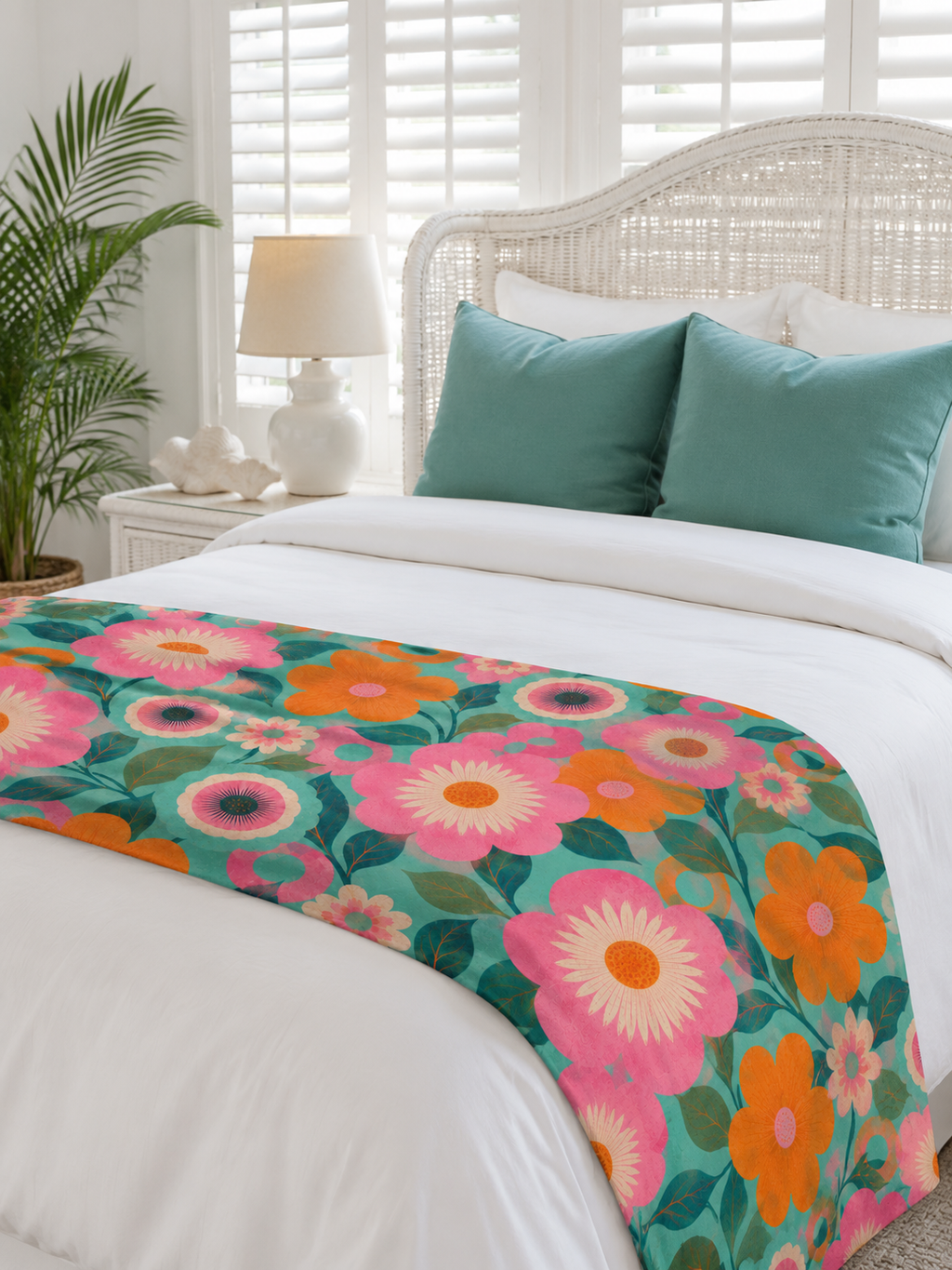 Retro Floral Bright Pink  Orange & Teal - Velveteen Plush Blanket.