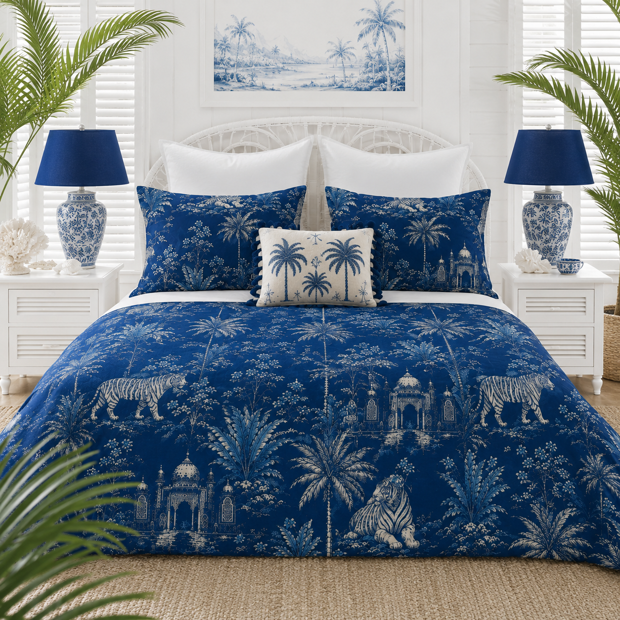 Indigo Jungle Cotton Duvet Cover Set — Tropical Palms & Tigers Bedding