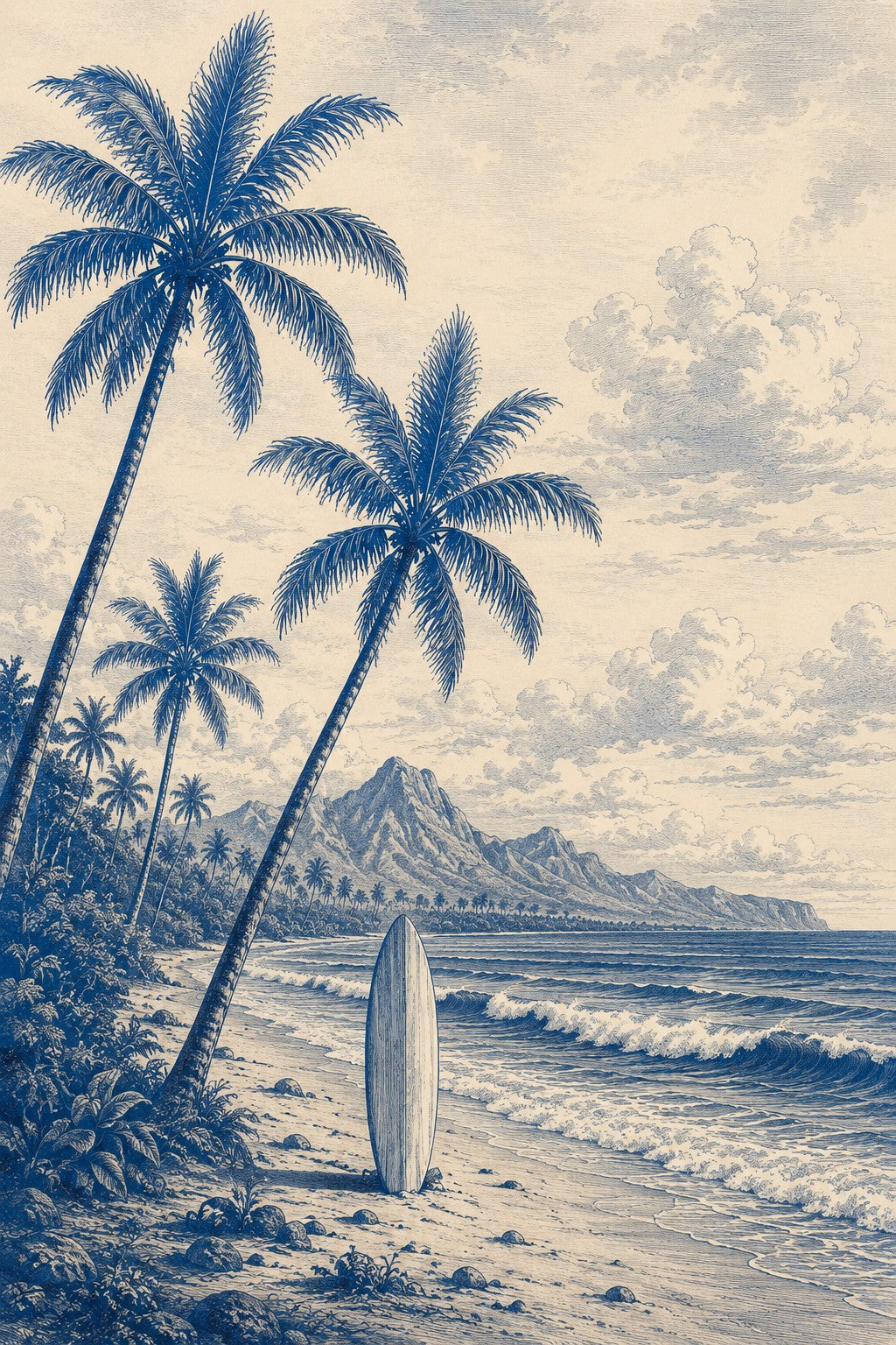 Canvas Wall Art - Indigo Surf, vintage coastal Hawaiian ocean print