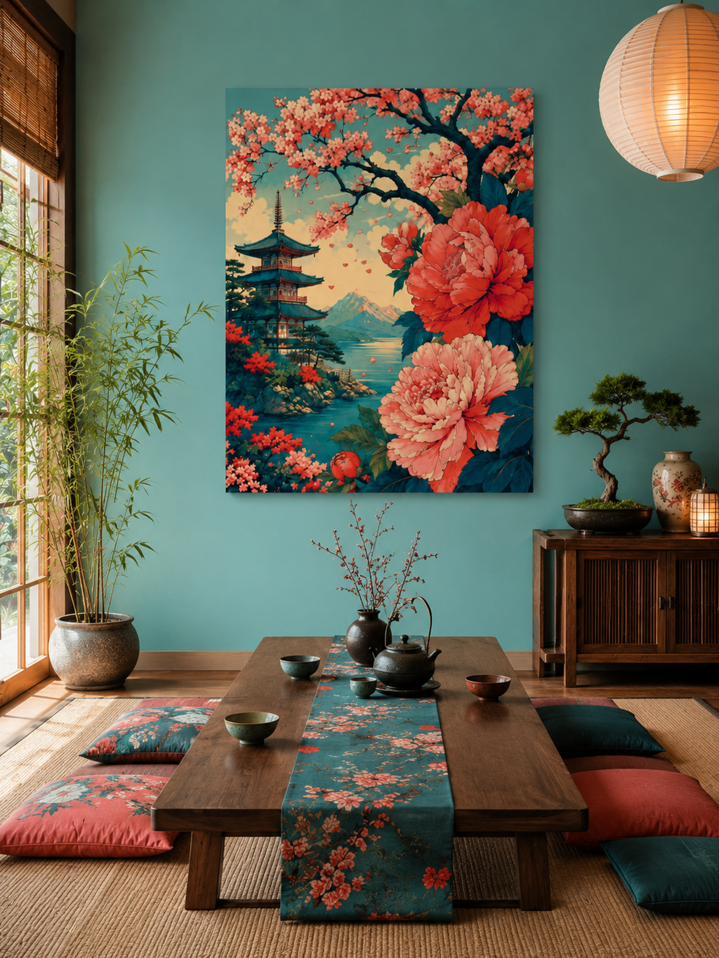 Blossoms of Kyoto – Vintage Japanese Pagoda & Peony Wall Art Canvas Print