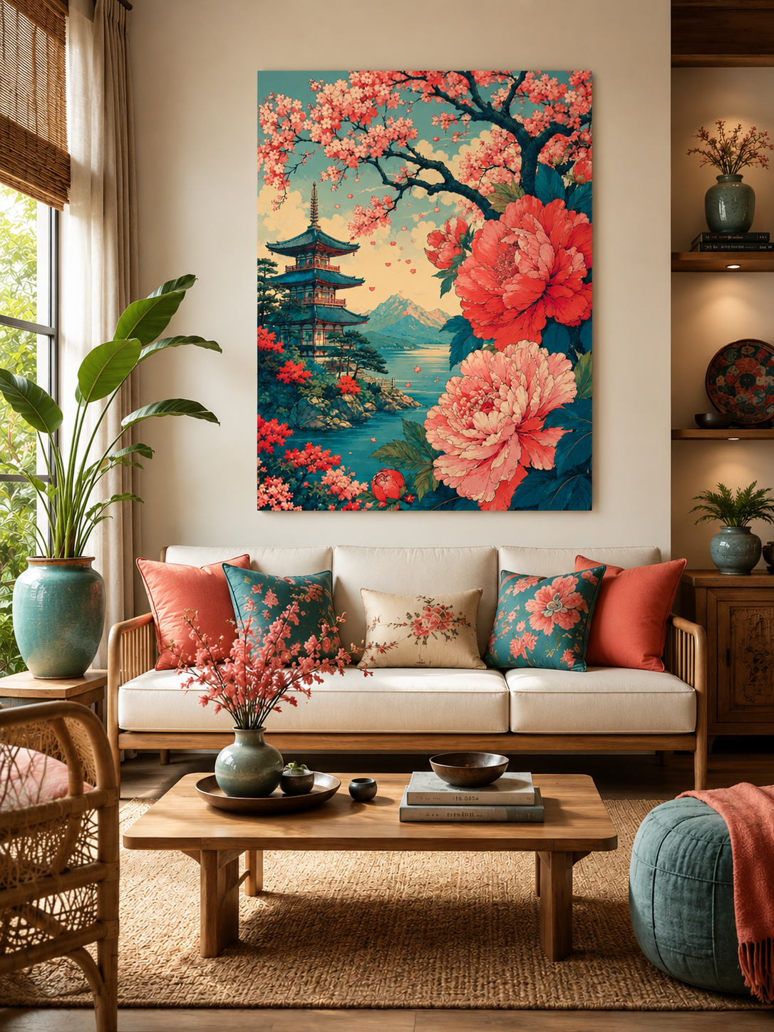 Blossoms of Kyoto – Vintage Japanese Pagoda & Peony Wall Art Canvas Print