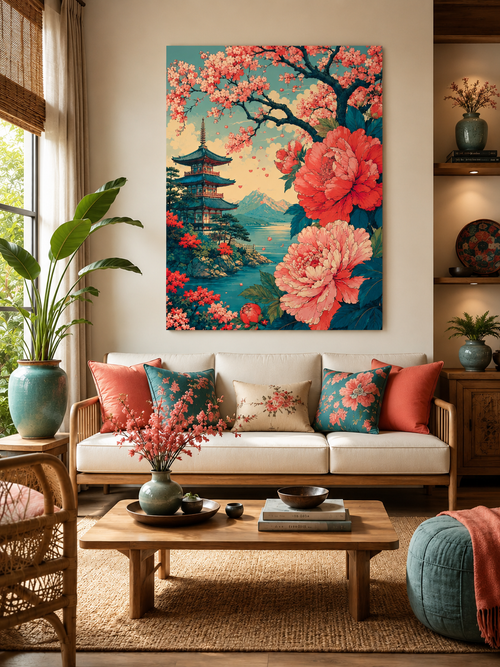 Blossoms of Kyoto – Vintage Japanese Pagoda & Peony Wall Art Canvas Print